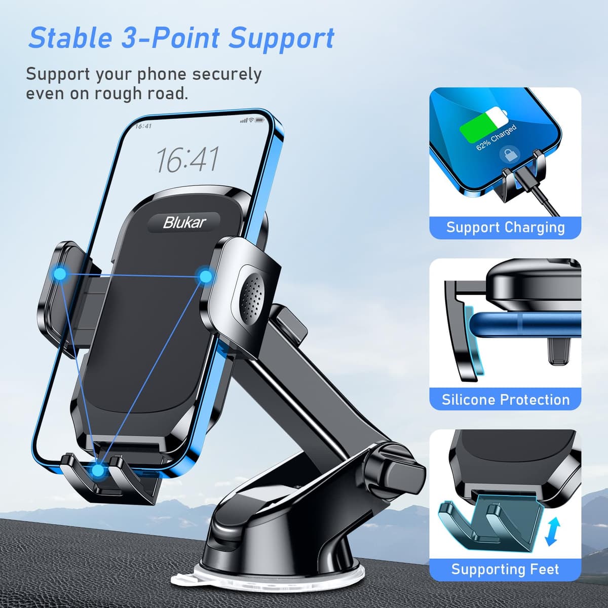 Blukar Car Phone Holder, Adjustable Car Phone Mount Cradle 360° Rotation - Upgraded Strong Sticky Gel Pad for Dashboard/Windscreen - One Button Release Mobile Accessories for All 4.0''-6.7'' Phones — view 4