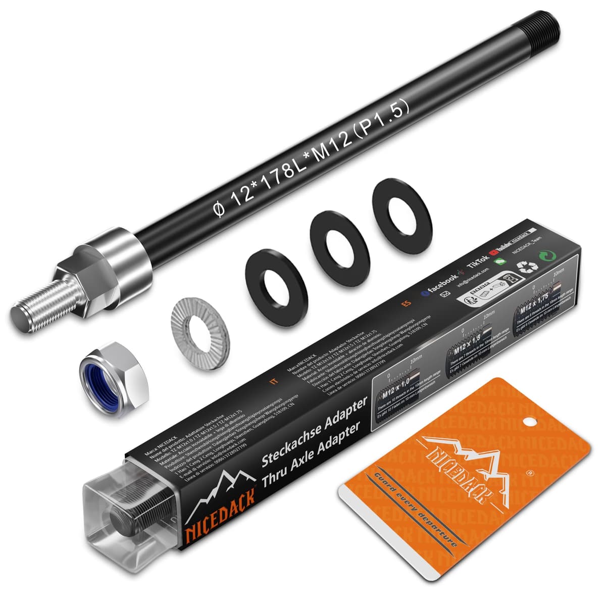 Adaptador de eje insertable M12 x 1,5-172-178 mm para remolque de bicicleta, longitud de eje ajustable