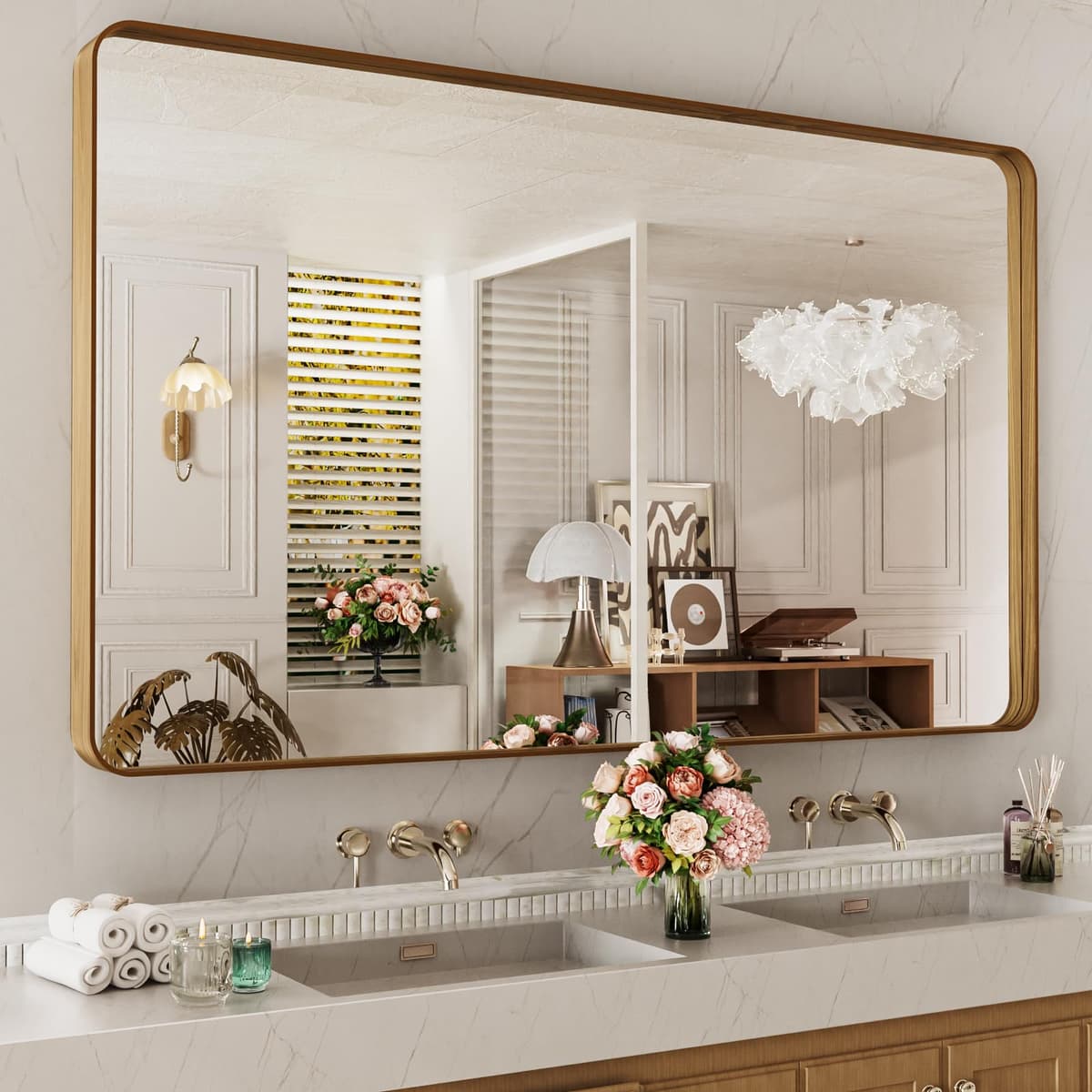 LOAAO 48”X36” Gold Bathroom Mirror, Rounded Rectangle Gold Frame Mirror, Brushed Gold Bathroom Vanity Mirror Wall-Mounted, Anti-Rust, Tempered Glass, Hangs Horizontally or Vertically — view 89