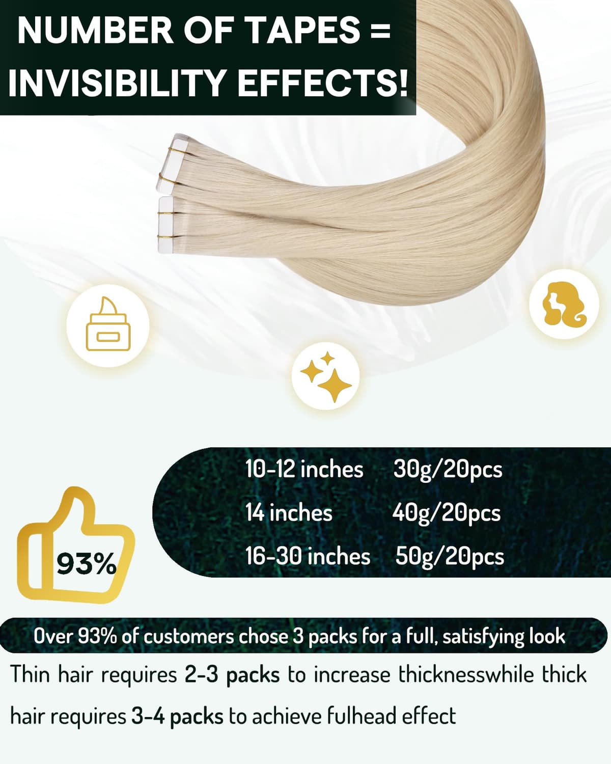 RUNATURE Blonde Tape Hair Extensions Real Human Hair Tape in Hair Extensions Human Hair Invisible Tapes Remy Straight White Blonde Hair 20pcs 50g 18 Inch #800 — view 4