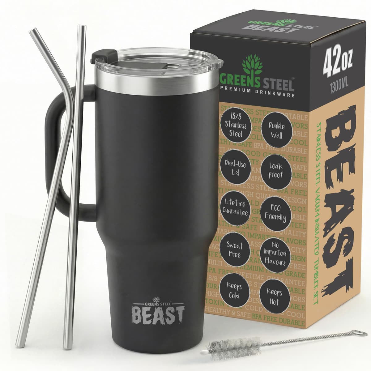 Greens Steel Beast Tumbler – 550 ml (20 oz), Coral | Vaso de acero inoxidable reutilizable con aislamiento al vacío | con 2 pajitas y cepillo de limpieza | Termo de viaje de doble pared — view 72