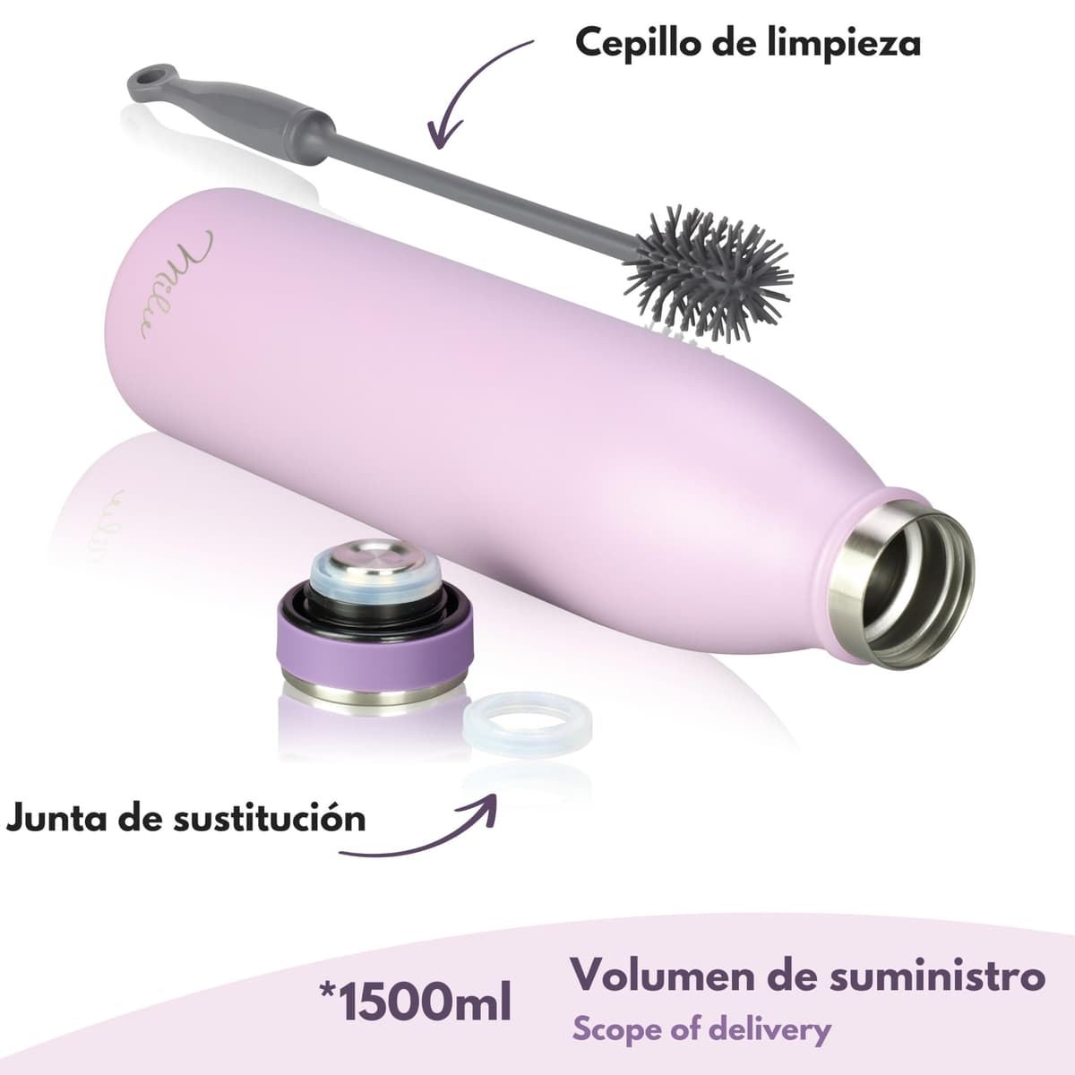 Milu Botella de acero inoxidable de 350ml 500ml 750 ml 1 L 1,5 L botella de agua aislada, termo a prueba de fugas, doble pared, apta para ácido carbónico + cepillo de limpieza (Azul Violeta, 350ml) — view 32