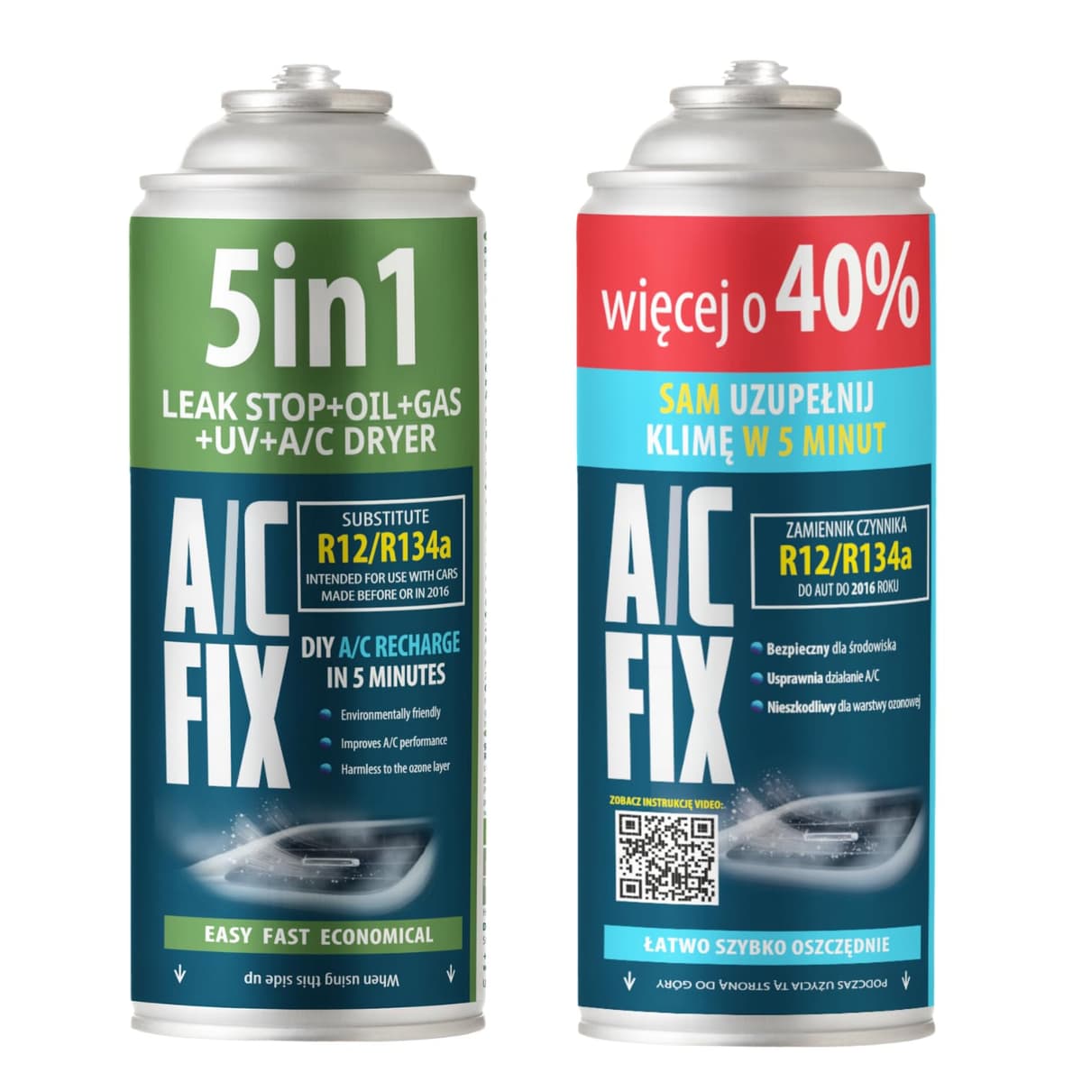 AC FIX 5-in-1 – R134a + R134a XL 470g Refrigerant for Car Air Conditioning with Oil, Sealant, UV Dye, Desiccant – Quick Application – Protects the Compressor