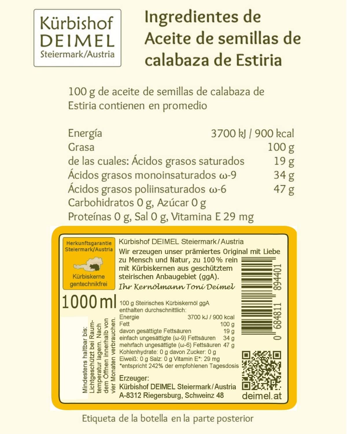 Kürbishof DEIMEL Steiermark/Austria - Oferta de ahorro 2 x 1000 ml - Aceite de semillas de calabaza - Original de Austria - Directo del productor — view 2