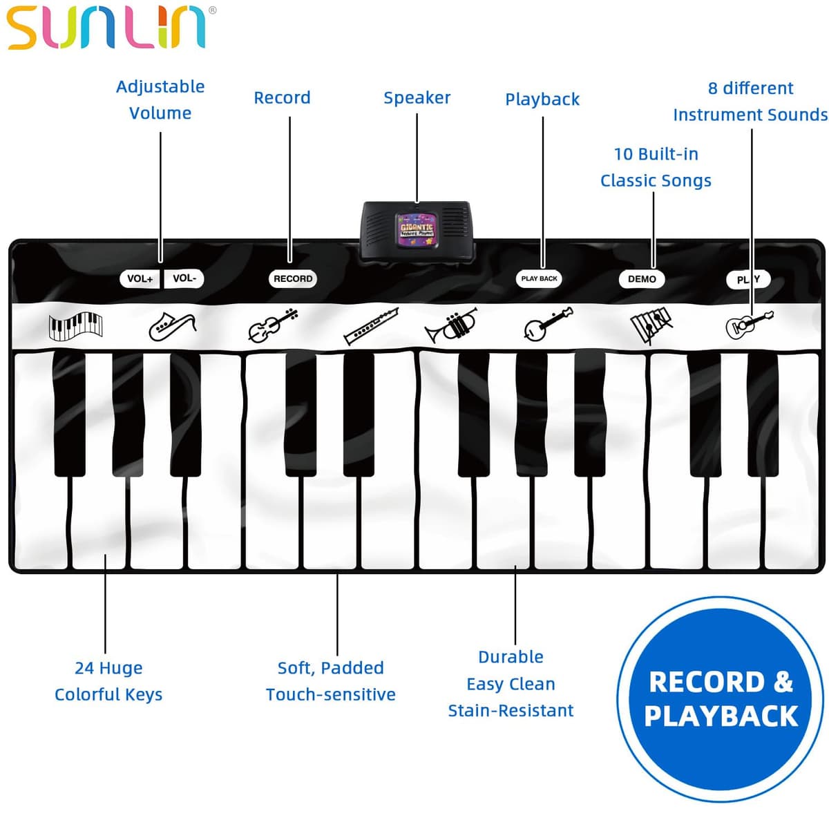 SUNLIN Alfombra de Piano Gigante de 1,8 m para Niños y Bebés, 24 Teclas, 10 Canciones Integradas, 8 Sonidos de Instrumentos, Juguete Musical Regalo para Niños y Niñas de 3 4 5 6 7 8 9 Años — view 3