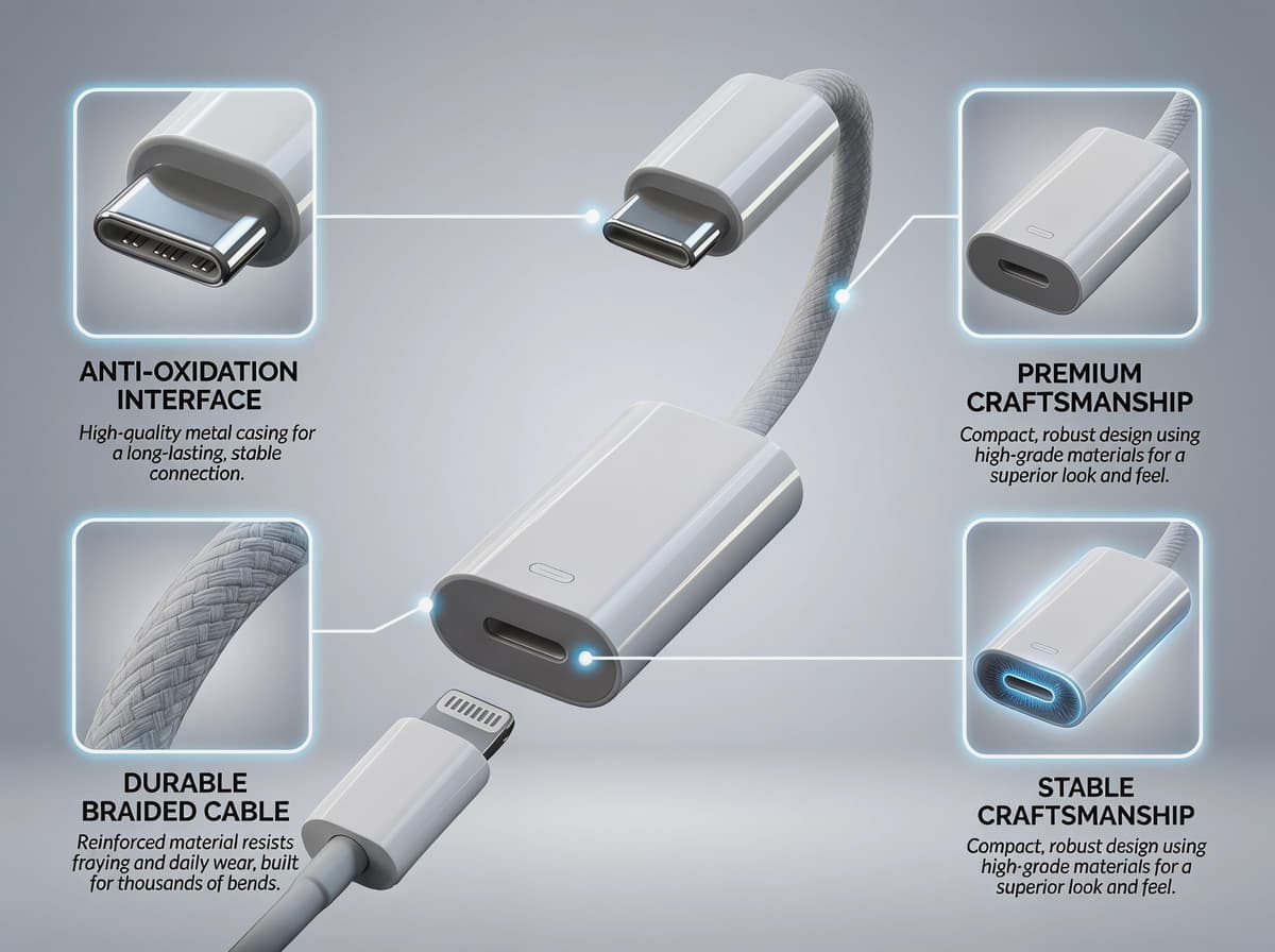 FARLINK Lightning to USB C Adapter, 5-in-1 Charging/Data Transfer/Audio Adapter/Phone Calls/Control Music for iPhone 17/16/15, iPad Pro, MacBook, Galaxy (Braid Cable) — view 3