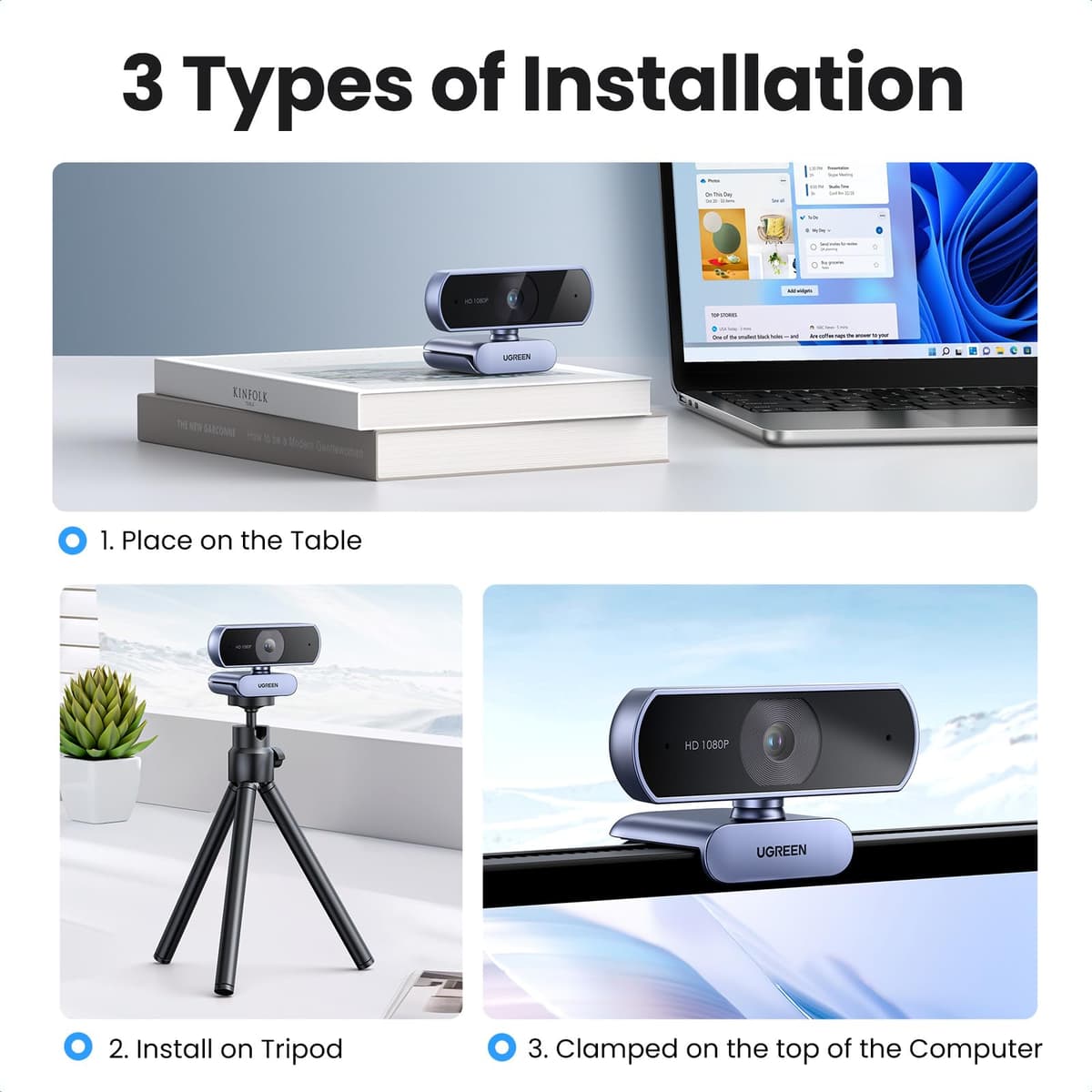 UGREEN Webcam for PC, Full HD 1080P/30fps Webcam for Laptop, Clear Stereo Audio Mics, Auto Light Correction, 85° View Web Cam USB Camera for Live Streaming, Video Calling, Conferences, Switch 2 — view 6