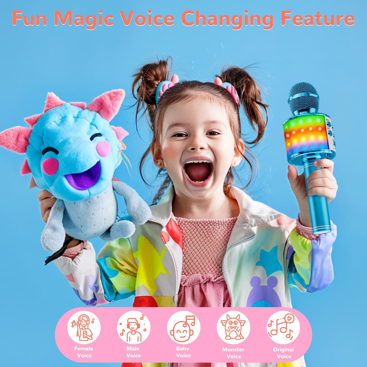 Ankuka Micrófono Karaoke Bluetooth Micrófono Inalámbrico Karaoke Micrófono Niña con Luces LED Regalo Juguetes para Niños Micrófono Cambiador de Voz, Compatible con Android, iOS, PC Azul — view 2