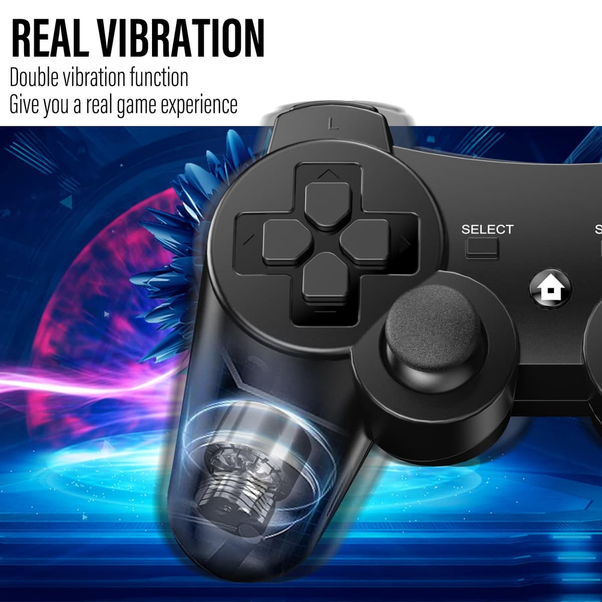 Diswoe Mando PS3, 2 Pack Mando Inalámbrico para PS3, Wireless Bluetooth Controlador con Doble Vibración, Gyro Axis, Mando Recargable PS3 Gamepad Joystick con 2 cables de carga — view 4