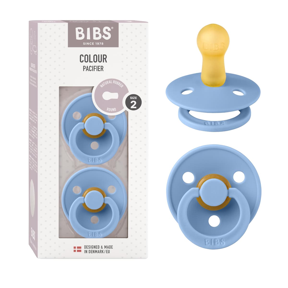 BIBS Colour Soother 2-Pack, BPA Free Dummy Pacifier, Round Nipple. Natural Rubber Latex, Size 2 (6-18 Months), Sky Blue/Steel Blue — view 118