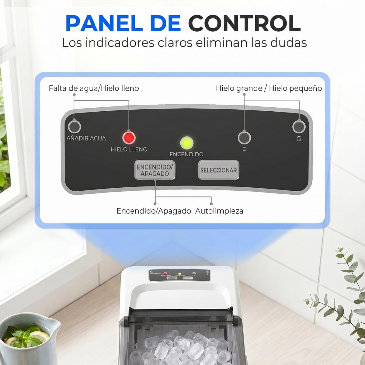 HOMCOM Máquina de Hielo, Máquina de Cubitos de Hielo Autolimpiable, 12 kg/24H, 9 Cubitos Listos en 7 Minutos, 2 Tamaños de Hielo, 1,5L Depósito, para Hogar, Cocina, Oficina, Bar, Blanco — view 5