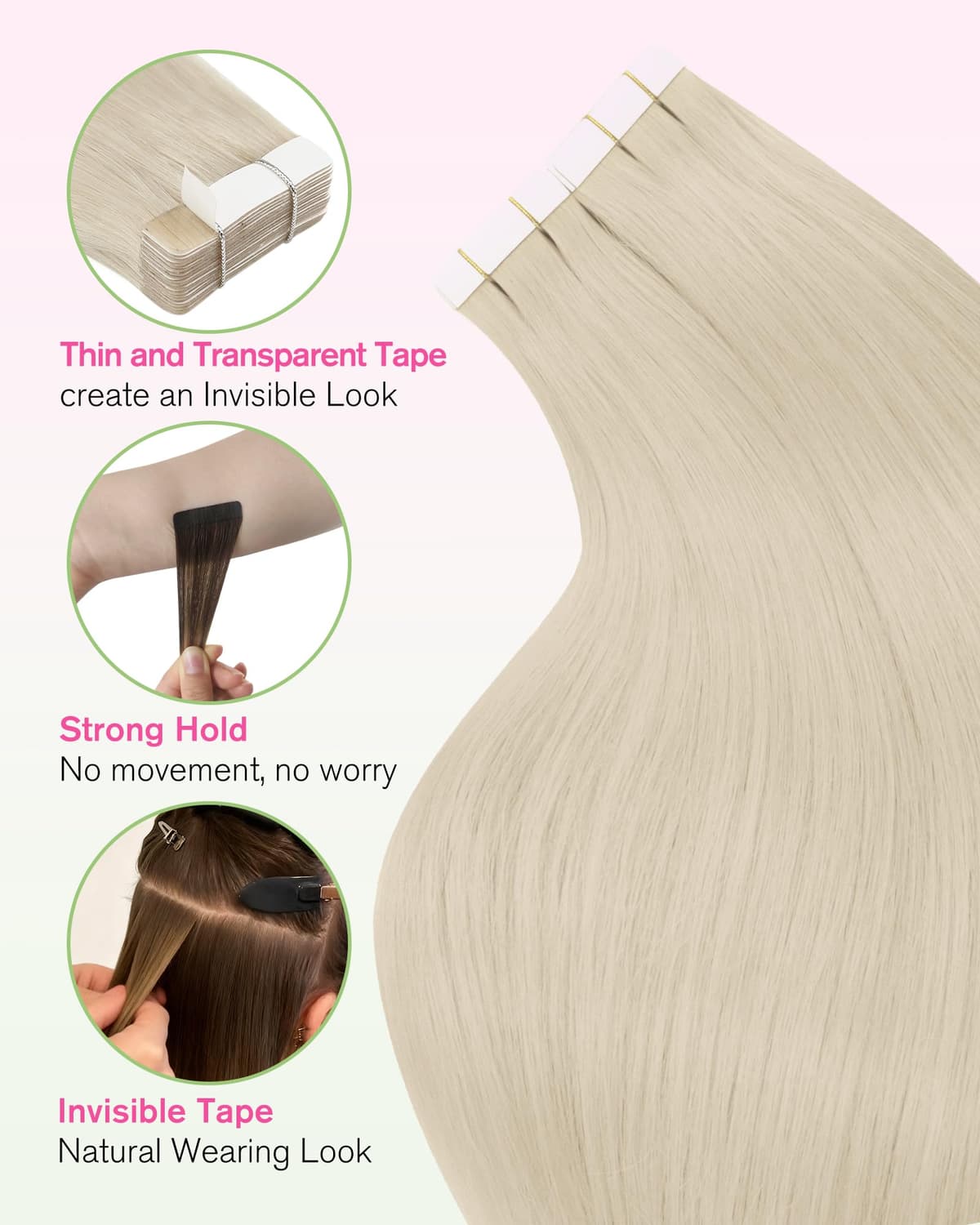 YoungSee Tape Hair Extensions Platinum Blonde 16In Tape in Hair Extensions Real Human Hair for Women 20pcs 50g Easy to Wear Hair Tape-in Extensions Blonde — view 5