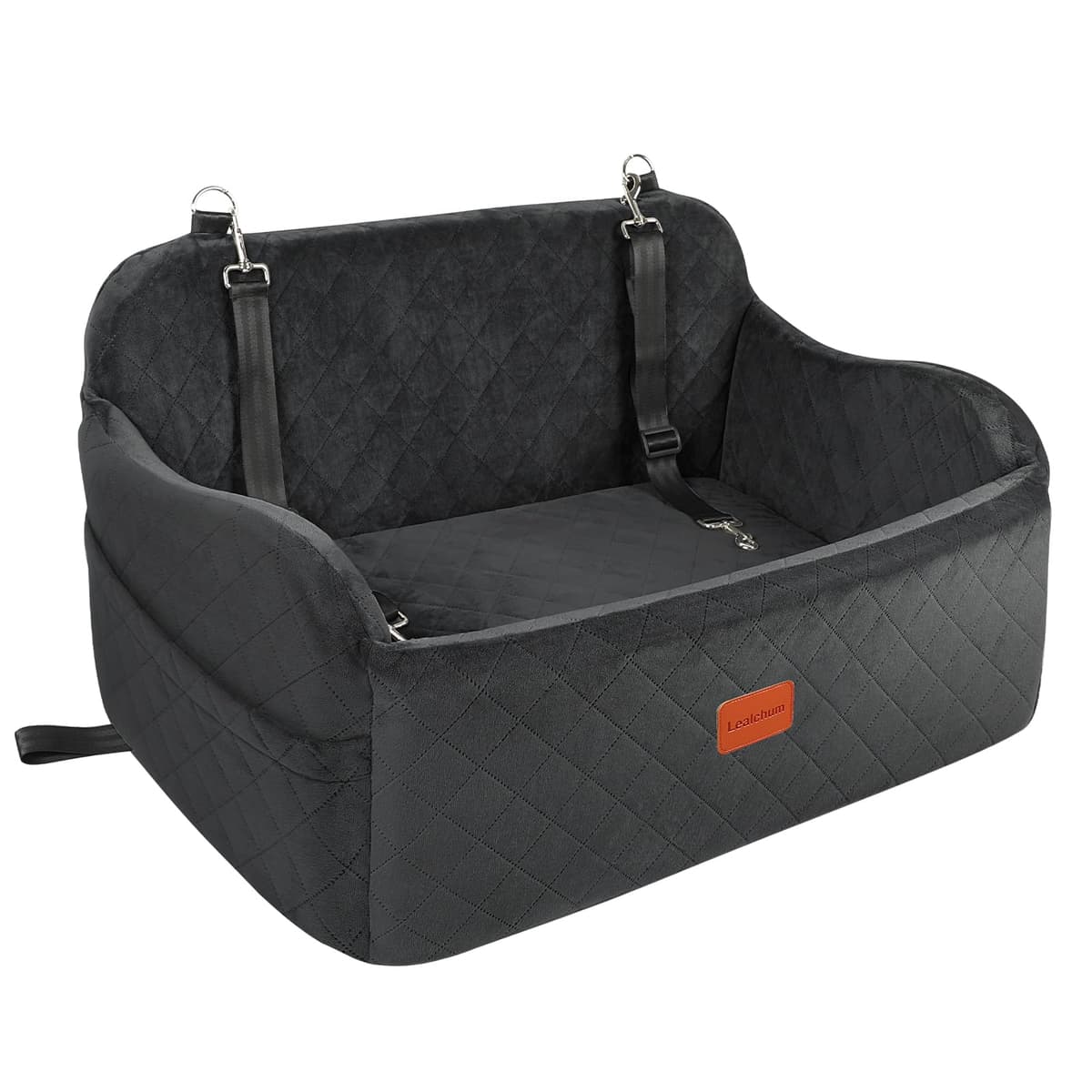 Lealchum Large Dog Car Seat,Memory Foam Cushion Car Seat for 2 Small Dogs,Comfy Vehicle Dog Bed with Side Pocket and 2 Clip-On Safety Leashes,Easy to Install Car Seat for Dogs(Black, Large)