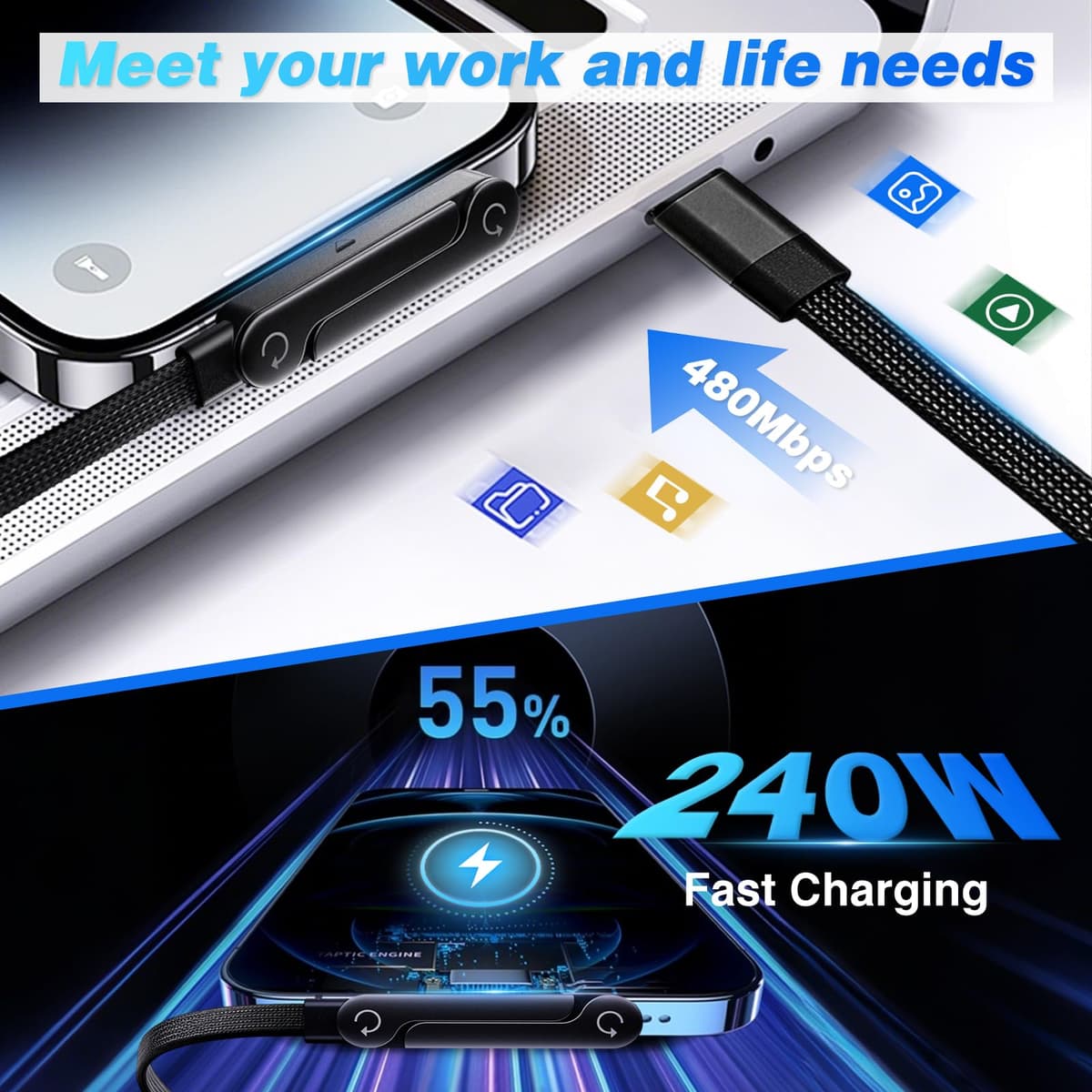 USB C Charger Cable with Stand, 1.5m 240w Fast Invisible Holder Flat Data Cable with Bendphone Accessories, Type C Sideways Charging Cable for iPhone 17 16 15 Pro Max, Samsung S25 S24 Ultra etc. (C-C) — view 4