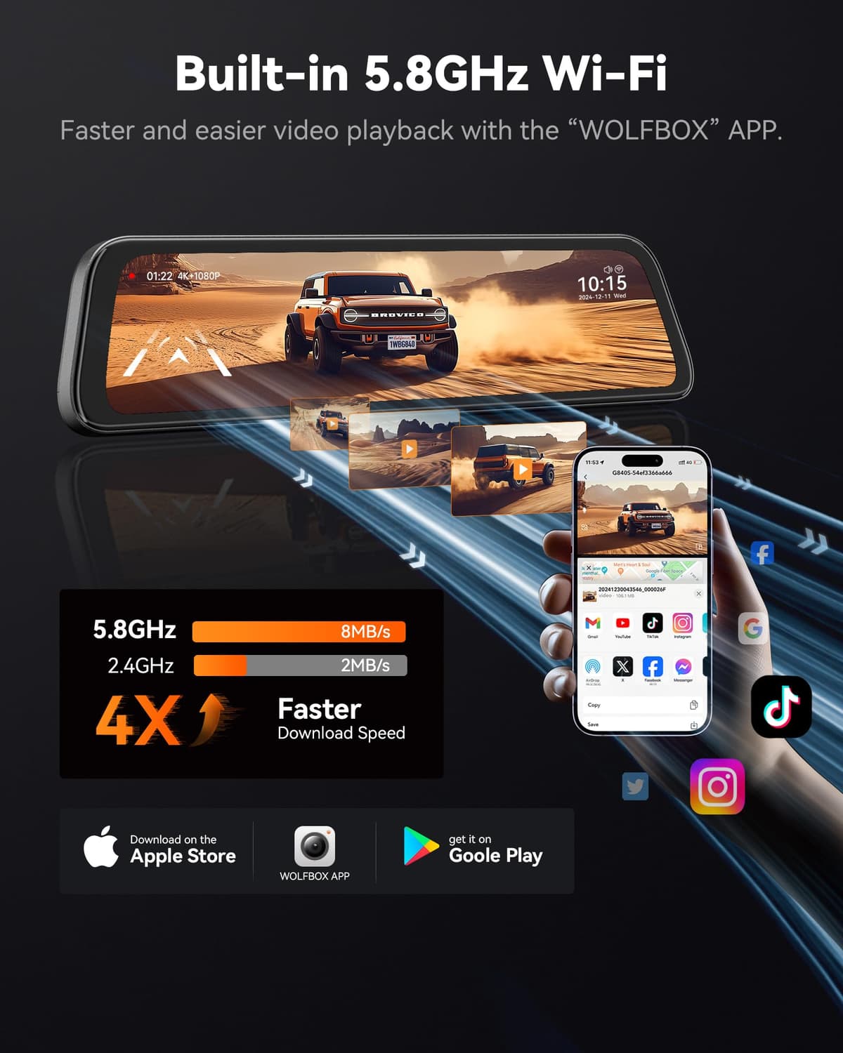 WOLFBOX G840S 12" 4K Mirror Dash Cam with 5.8GHz WiFi, 2160P Full HD Smart Rearview Mirror for Cars & Trucks, Front and Rear Dual Cameras, Night Vision, Reverse Assist, Included 32GB Card & GPS — view 4