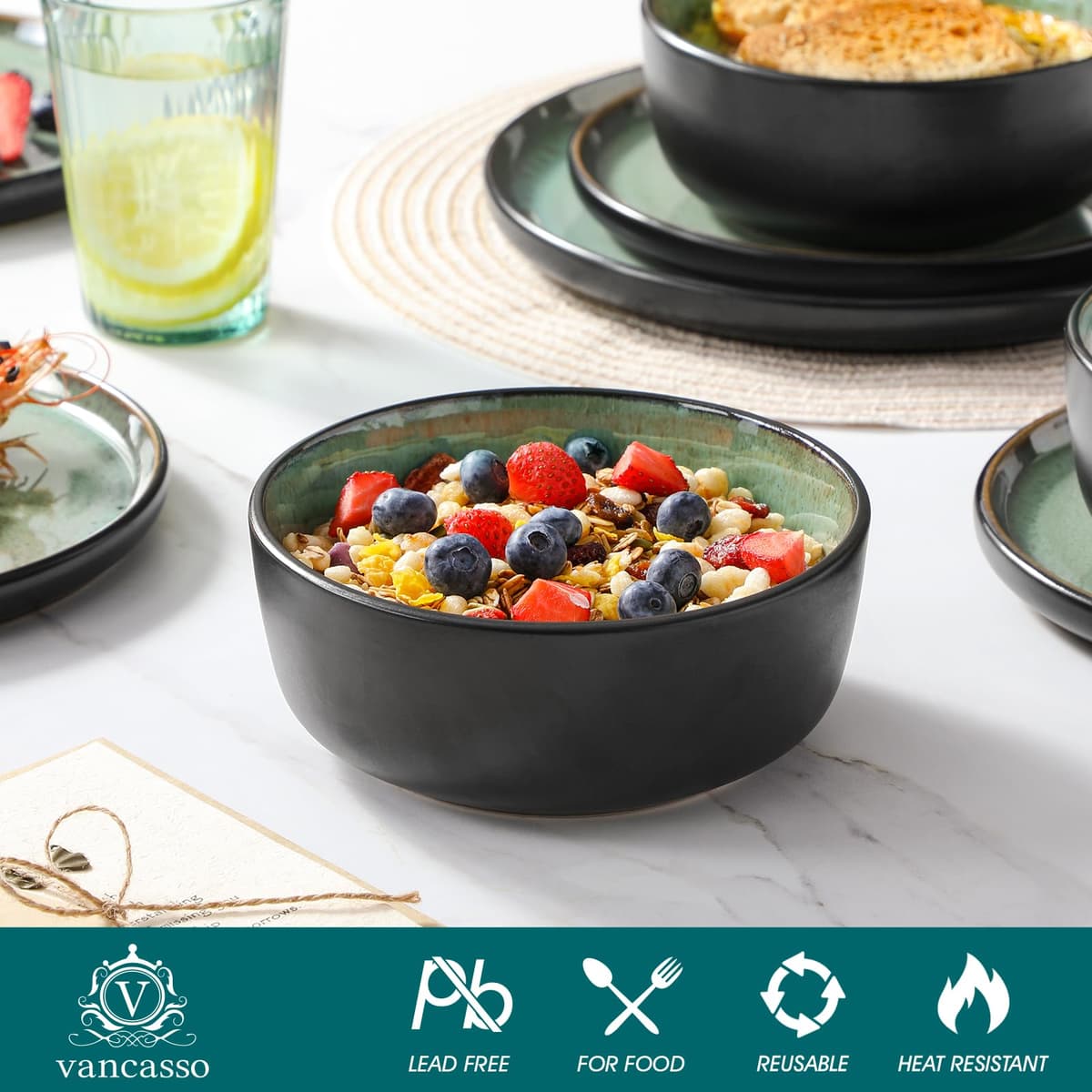 vancasso Amber 24 Pieces Dinner Set for 6, Reactive Glaze Stoneware Plates and Bowls Set, Green Crockery Set with Dinner Plates, Dessert Plates, Soup Bowls & Cereal Bowls, Microwave & Dishwasher Safe — view 4