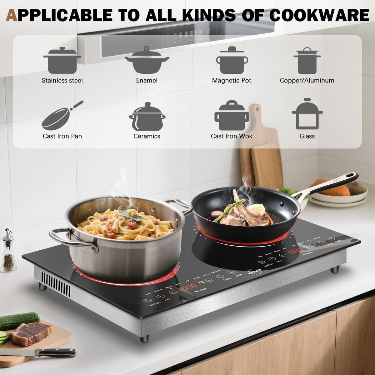 Hobsir Plug in 2 Zone Ceramic Hob, 2 Ring Electric Hob 60cm Countertop&Built-in Cooktops with 9 Power Levels, Timer, Safety Lock & Sensor Touch Control, 3200W, 220-240V — view 4