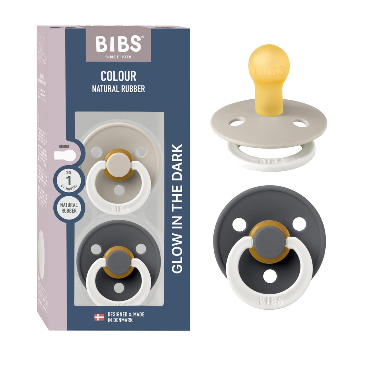 BIBS Colour Soother 2-Pack, BPA Free Dummy Pacifier, Round Nipple. Natural Rubber Latex, Size 2 (6-18 Months), Sky Blue/Steel Blue — view 130