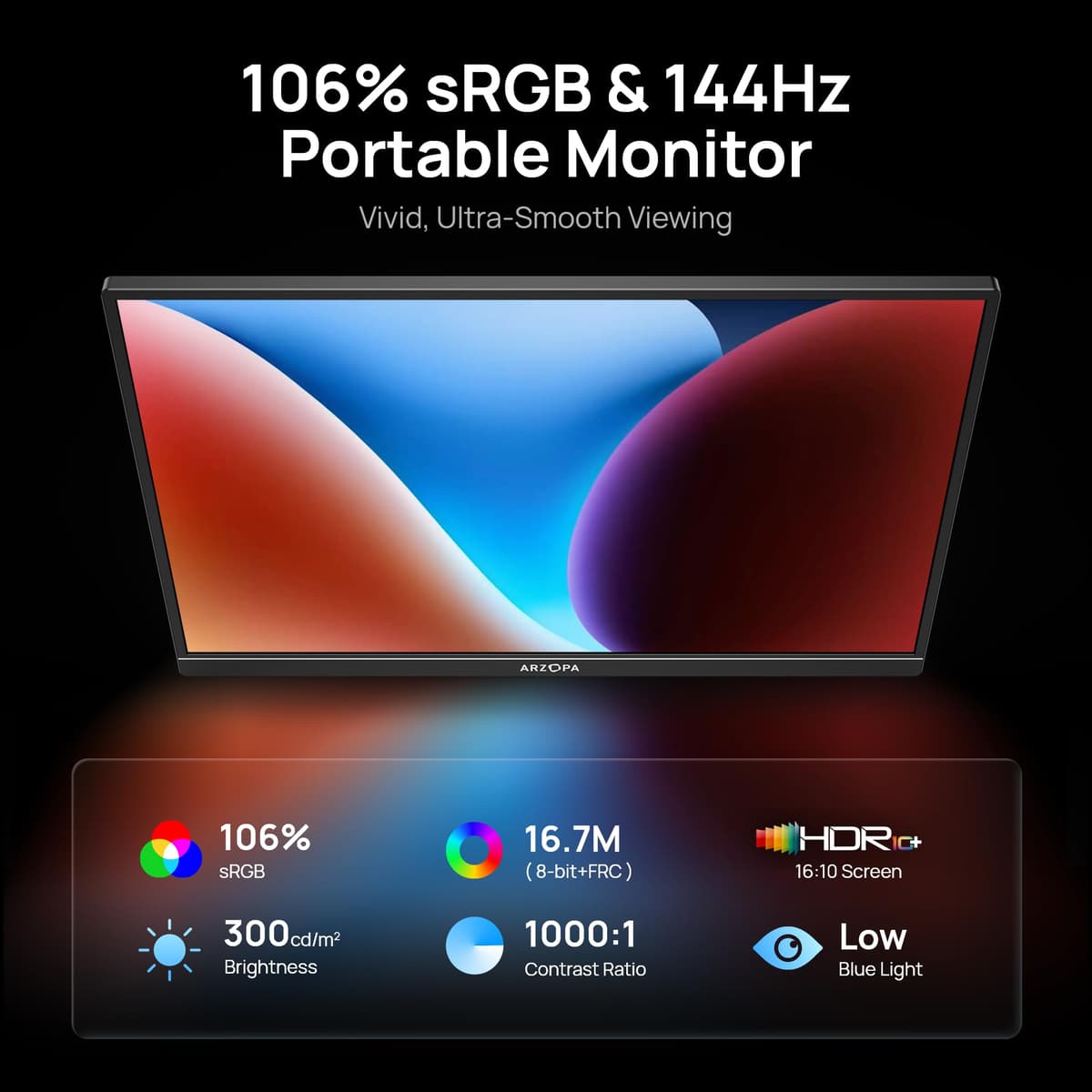 ARZOPA 16.1'' 144Hz Portable Monitor with Kickstand, 106% sRGB 1920×1080P FHD HDR 144HZ Gaming Monitor, Ultra Slim - Eye Protection-External Second Screen for Laptop/PC/Mac/PS3/4/5/Xbox - Z1FC — view 2