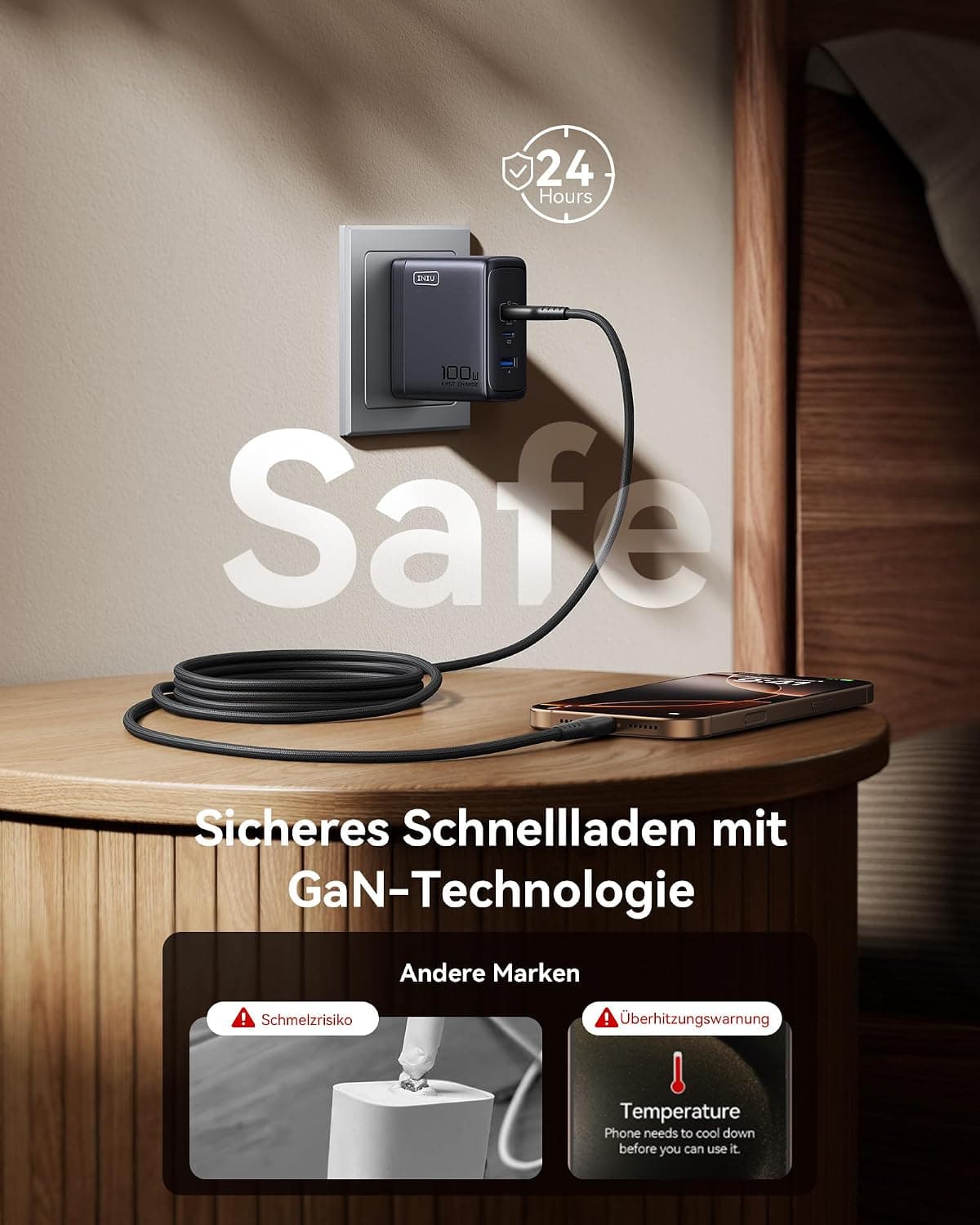 INIU Cargador USB C de 100 W, GAN de 3 Puertos, Cargador rápido con Cable USB C, Fuente de alimentación múltiple PD 3.0 para MacBook Pro Air, iPhone 16 15 14 Pro MAX Plus, Galaxy S25 S24 Ultra, Blanco — view 5