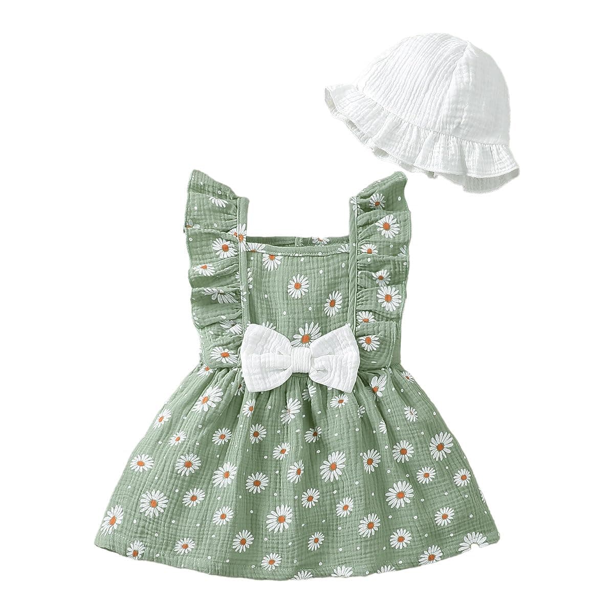 Conjunto Vestido y Gorro para Niña Pequeña Mangas con Volantes Estampado de Corazones/Flores de Algodón Lino Ropa de Primavera Verano — view 10