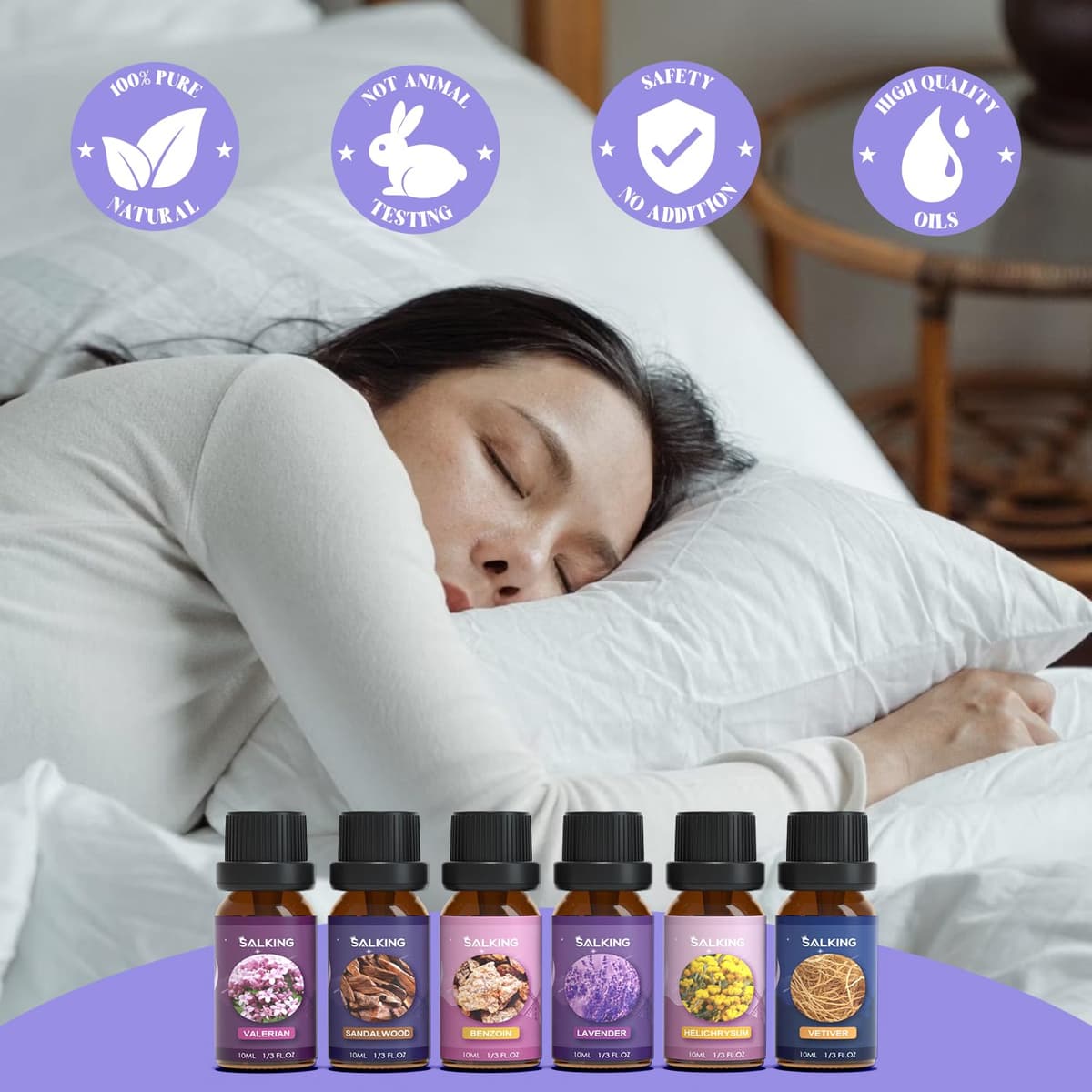 SALKING Juego de Aceites Esenciales para Dormir - Aceites Puros y Naturales para Humidificadores y Difusores - Lavanda, Vetiver, Sándalo, Valeriana, Helicriso, Benjuí — view 5