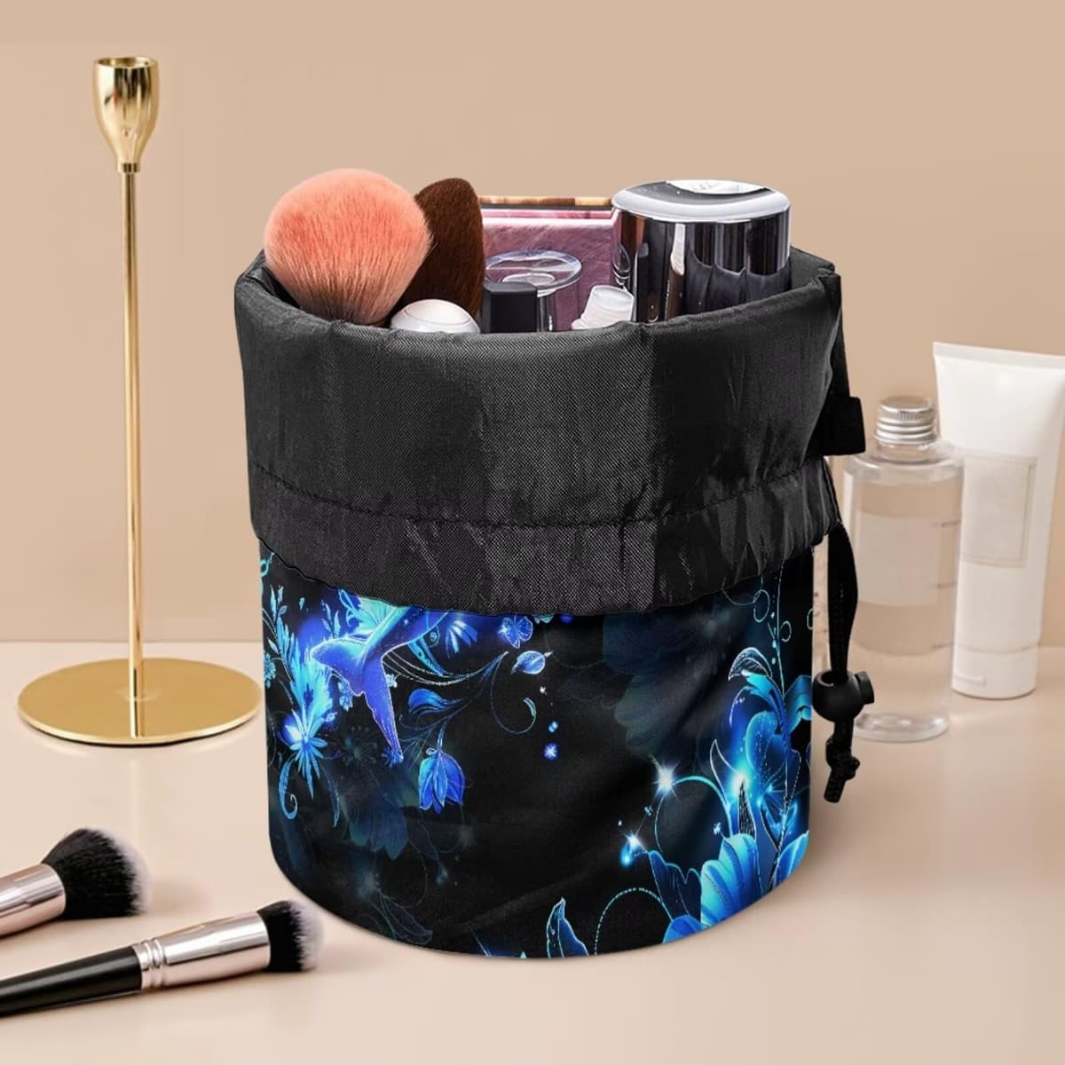 chaqlin Neon Dolphin Travel Cosmetic Bags Barrel Makeup Bag,Women Girls Portable Foldable Cases Multifunctional Toiletry Bucket Bags Round Organizer Storage Pocket — view 3