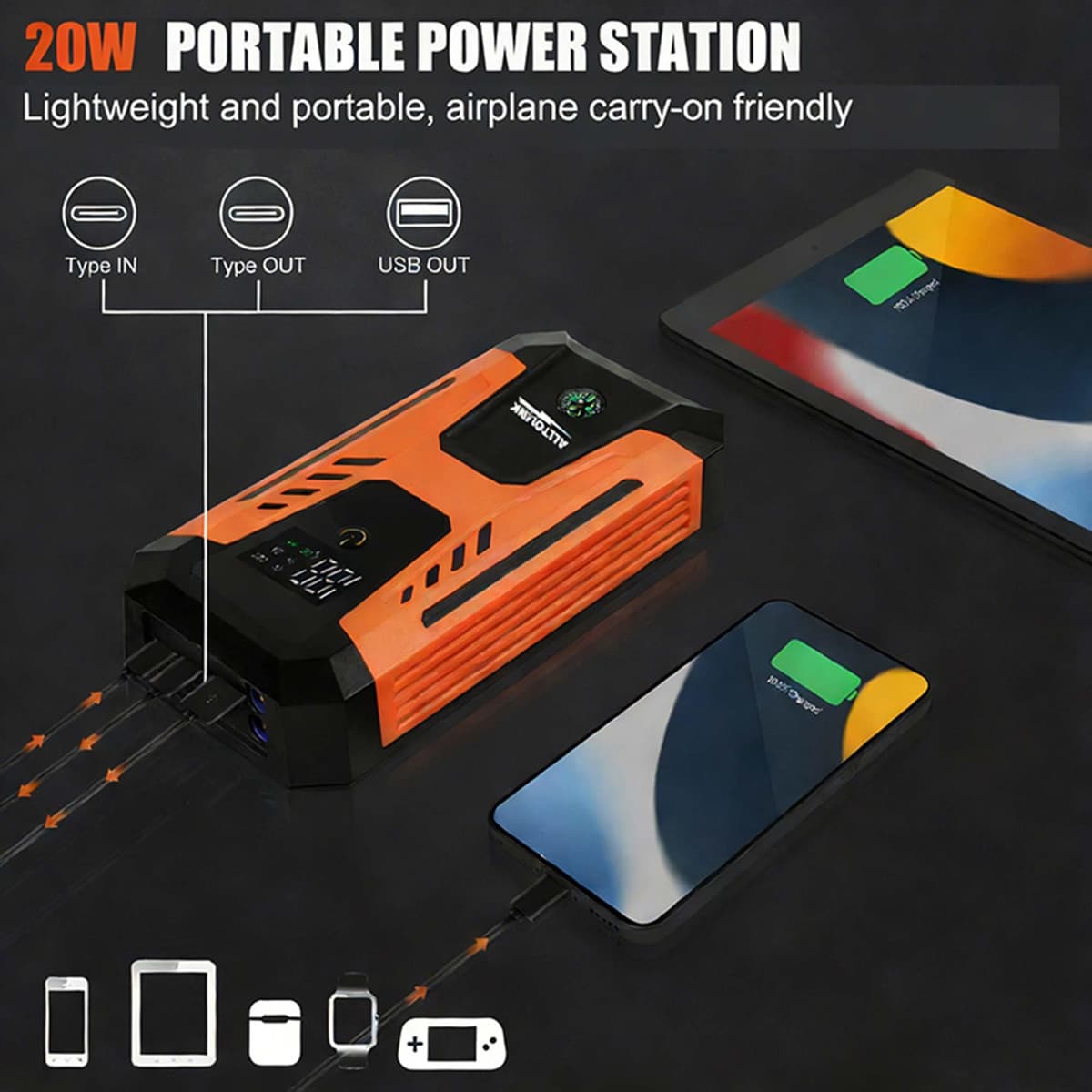 Alltolink Jump Starter Power Pack, 3000A Portable Car Battery Booster Jump Starter for 12V Vehicles and Motorcycles, Portable charger with display screen and 20V fast charging, 4-mode LED lights — view 4