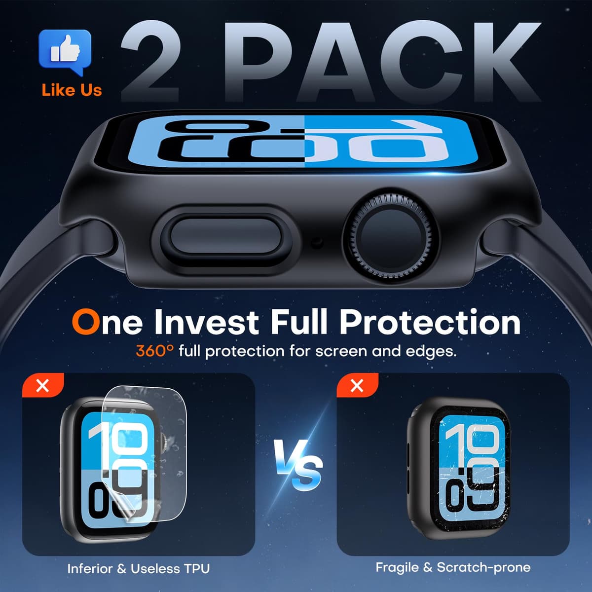 TAURI 2 Pack Hard Case for Apple Watch SE 3 /Series 6/5/4 /SE 44mm with 9H Tempered Glass Screen Protector, [Touch Sensitive] [Full Coverage] Slim Bumper Protective Cover for iWatch 44mm - Black — view 2