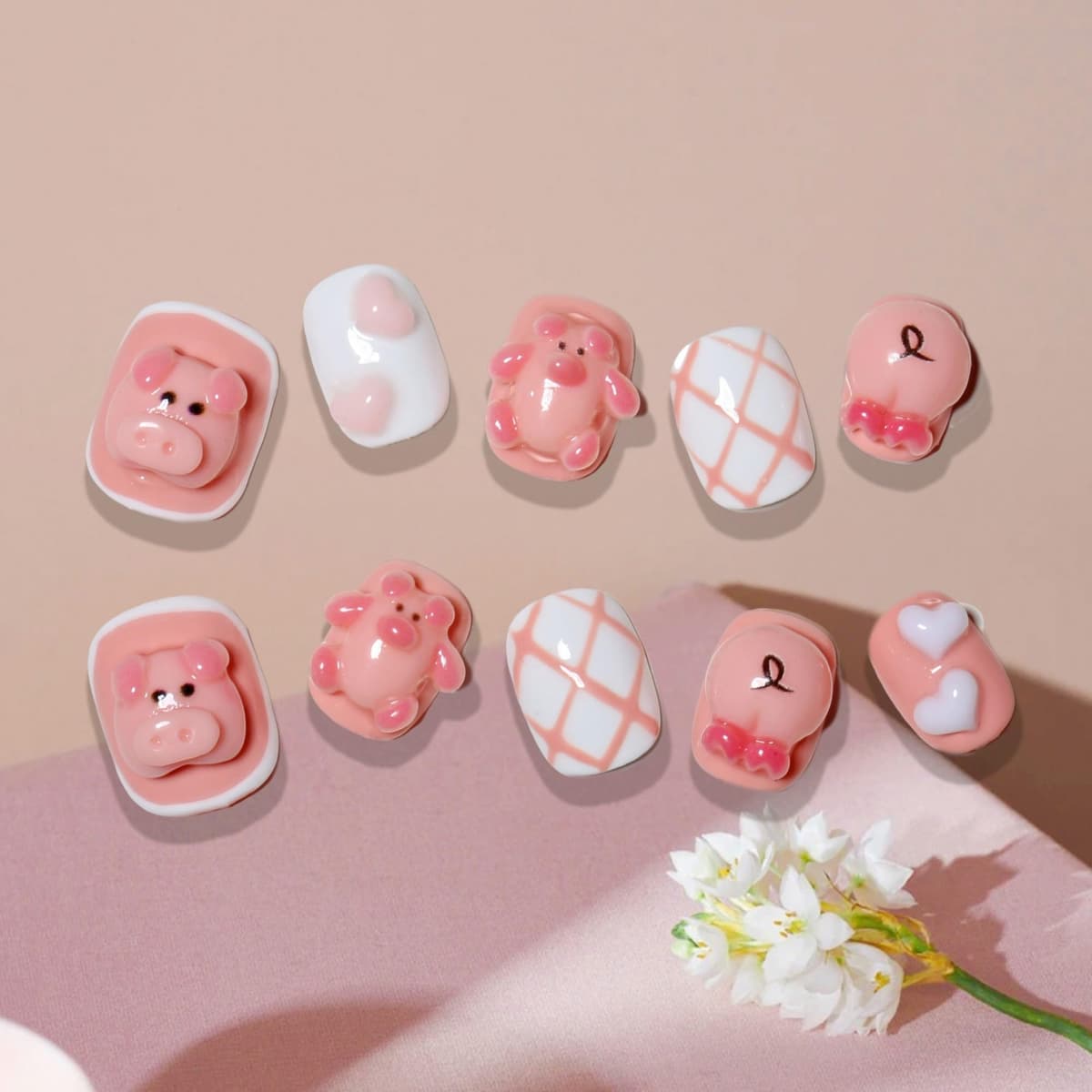 Sun&Beam Nails Handmade Press On Nail Long Coffin Ballerina Pink Flower Acrylic Fake Tip 3D Design Art Charms Cute with Storage Box 10 Pcs (S) — view 90