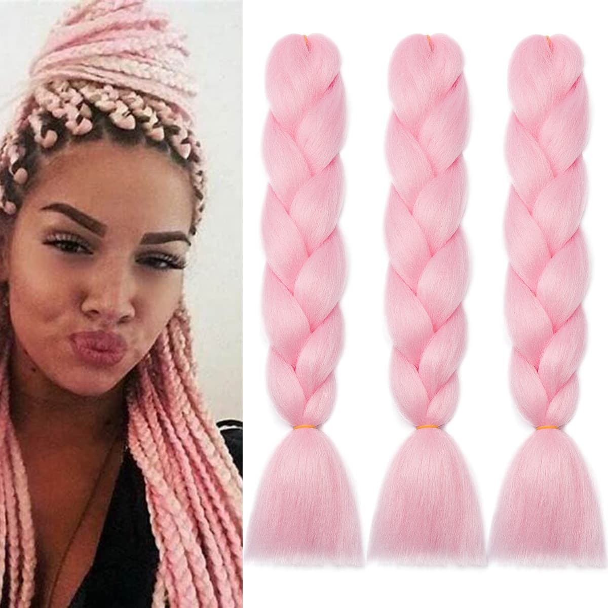 24" Braiding Hair Extension Jumbo Braids Synthetic 3bundles/pack Crochet Hair Afro Box Braid Heat Resistent (Pink)