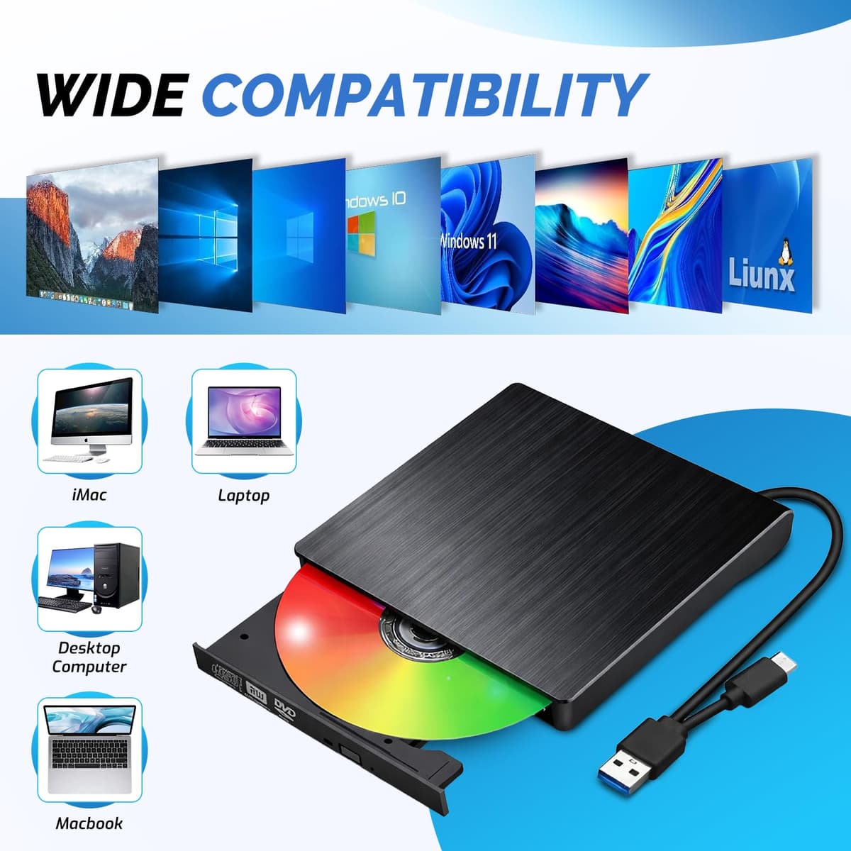 External CD DVD Drive for Laptop, Slim Portable Player CD DVD RW Writer Reader Burner, USB 3.0 and Type-C Optical, Compatible with Laptop Desktop PC Windows XP/7/8/10/11 Mac — view 3