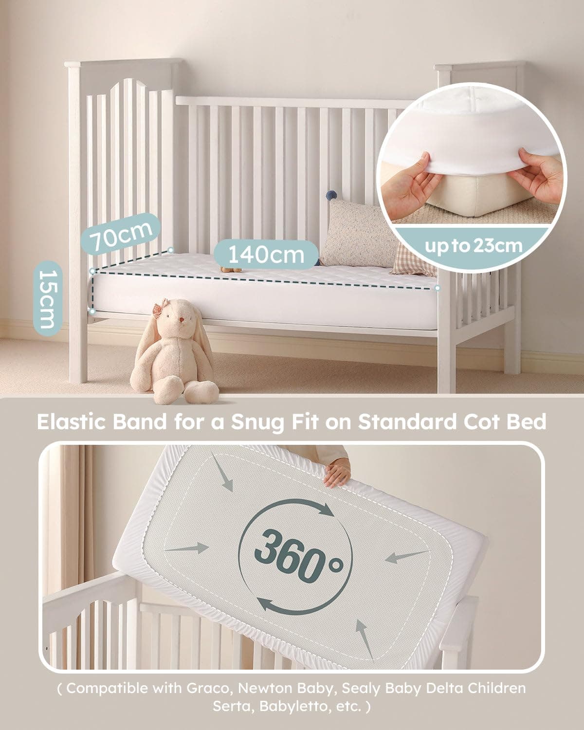 Yoofoss Waterproof Baby Mattress Protector 70 x 140 cm Adjustable Fitted Sheet Removable and Washable for Cot Bed — view 4