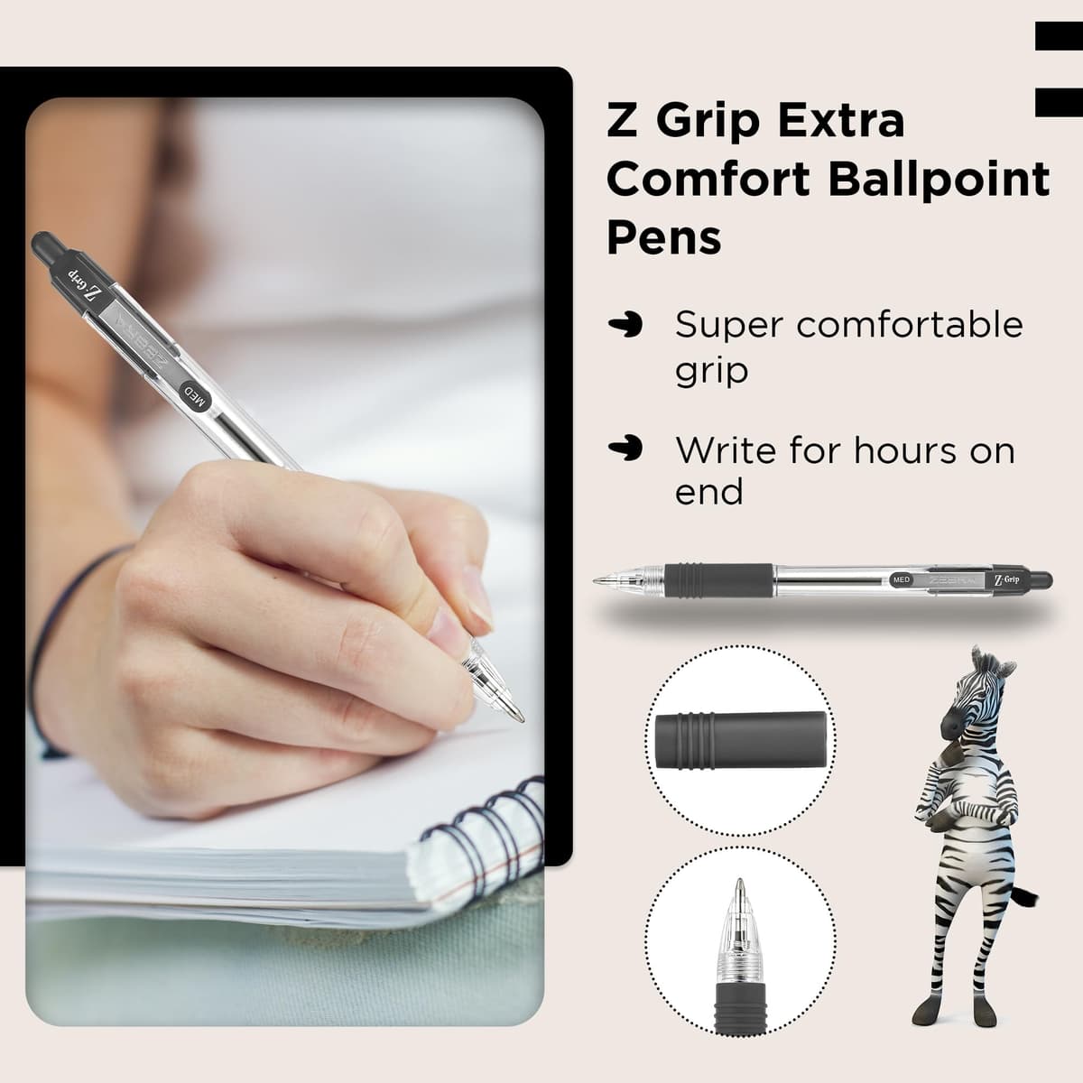 Zebra Pen Z Grip Black Ballpoint Pens with Pocket Clip 8pk, Retractable Black Ink Ballpoint Pens, Reliable Black Biro Pens Multipack for Everyday Use Design, New Pack Size 8pk — view 4
