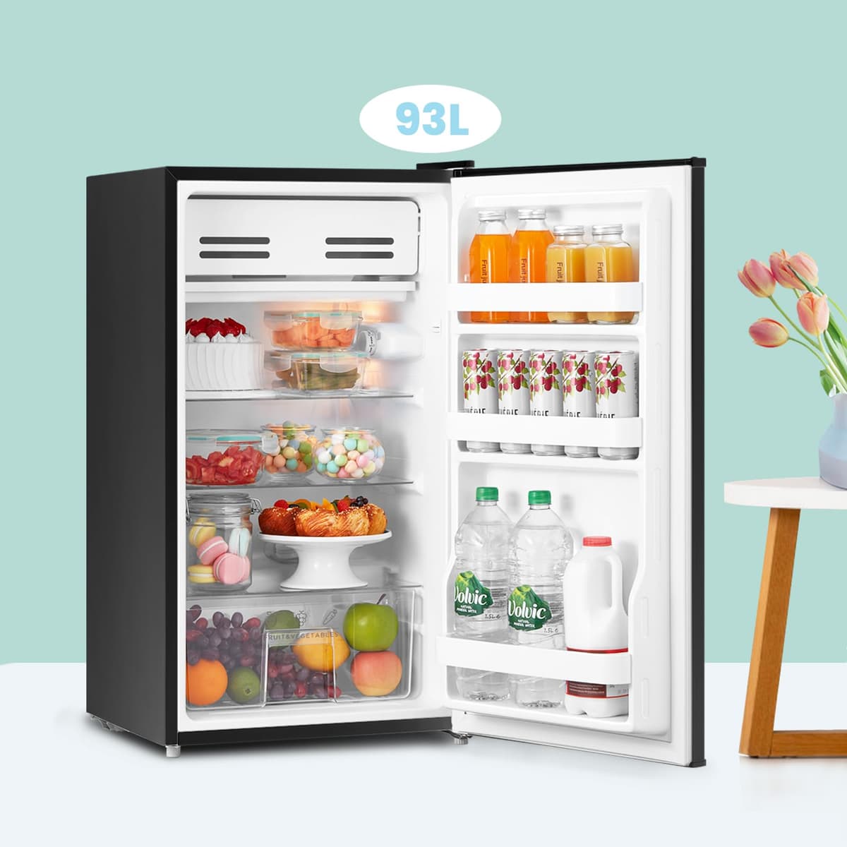 COMFEE' RCD93BL2(E) Under Counter Fridge, 93L Freestanding Refrigerator with Cooler Box, Adjustable Thermostat, Reversible Door, Removable Glass Shelves, Interior Light, Black — view 3