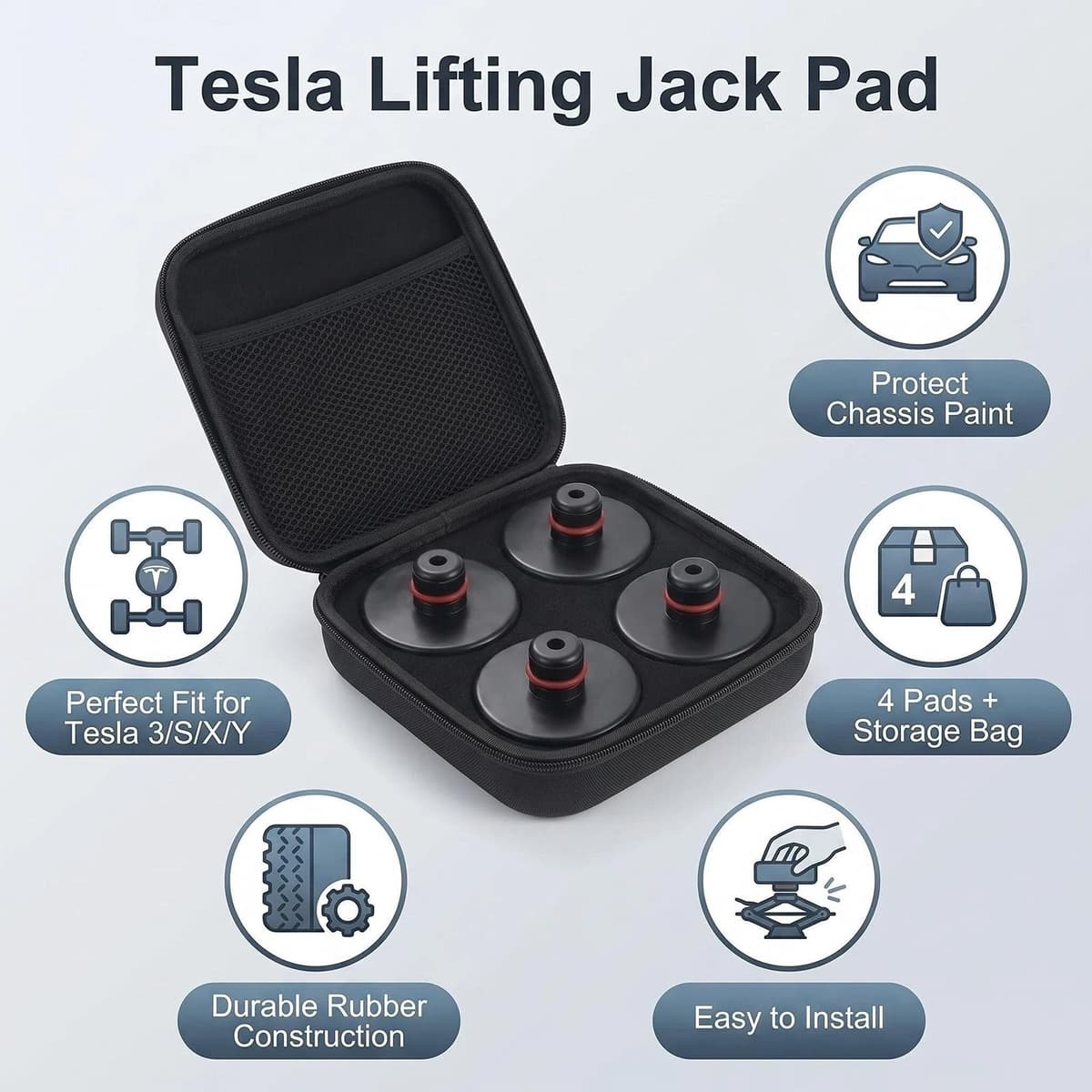 4 Pcs Almohadillas de Elevación para Auto Model 3/Y/S/X, Almohadillas de Goma de Elevador de Gato Hidráulico, Protector de Soporte Jack Pad, Adaptador para Gato de Coche con Caja de Almacenamiento — view 3