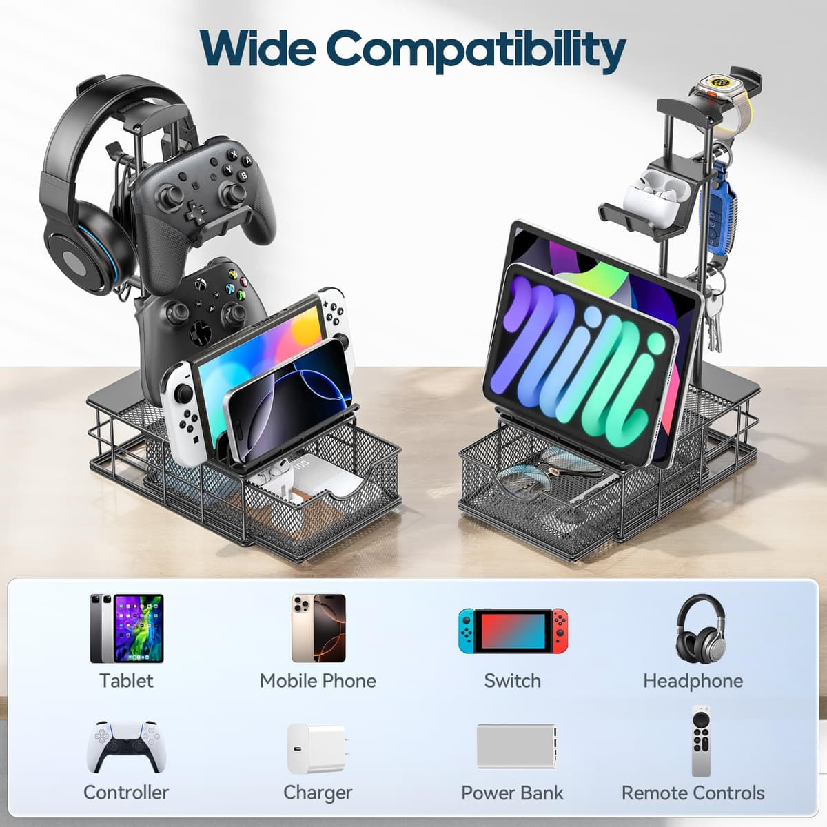 KDD Gaming Headset Stand with Drawer, Universal Stand Controller & Headphone Holder Table with Cable Organizer, Controller Hook with Aluminium Support Bar for Gaming Accessories Gaming PC — view 6