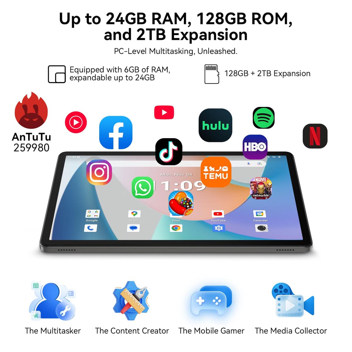 Android 16 Tablet,11 Inch Tablet with 24GB RAM 128GB ROM,Octa-Core T7250 Processor,90Hz Display,8000mAh Battery with Fast Charging & OTG Reverse Charge,Gemini AI Tablets,Smart Camera,4-Year Warranty — view 7