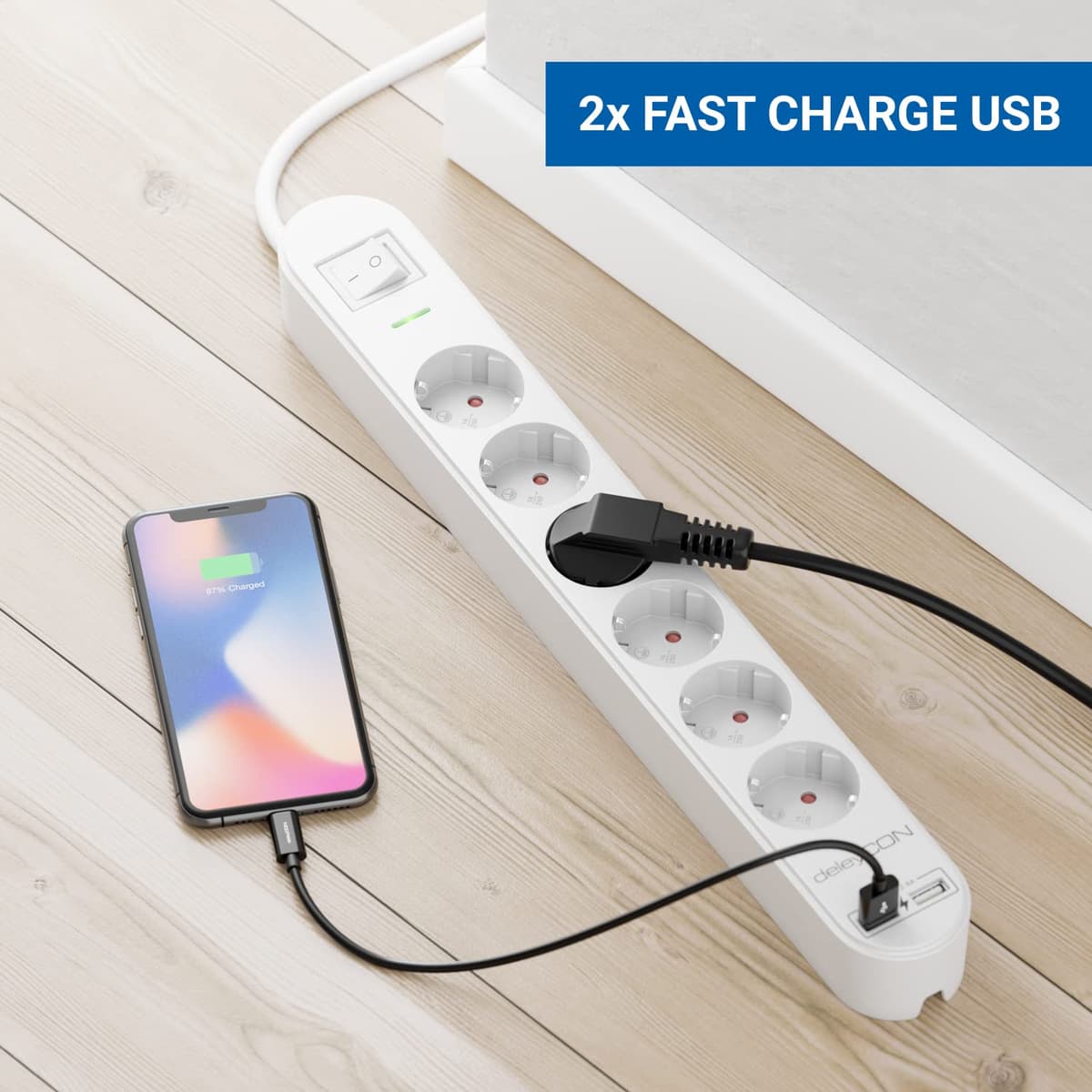 deleyCON Regleta con 1,5 m, Seis Tomas, Puertos USB, Dos Salidas USB-A para Cargar Móvil y Tableta, Protección contra Sobretensión, Interruptor, Blanco — view 2