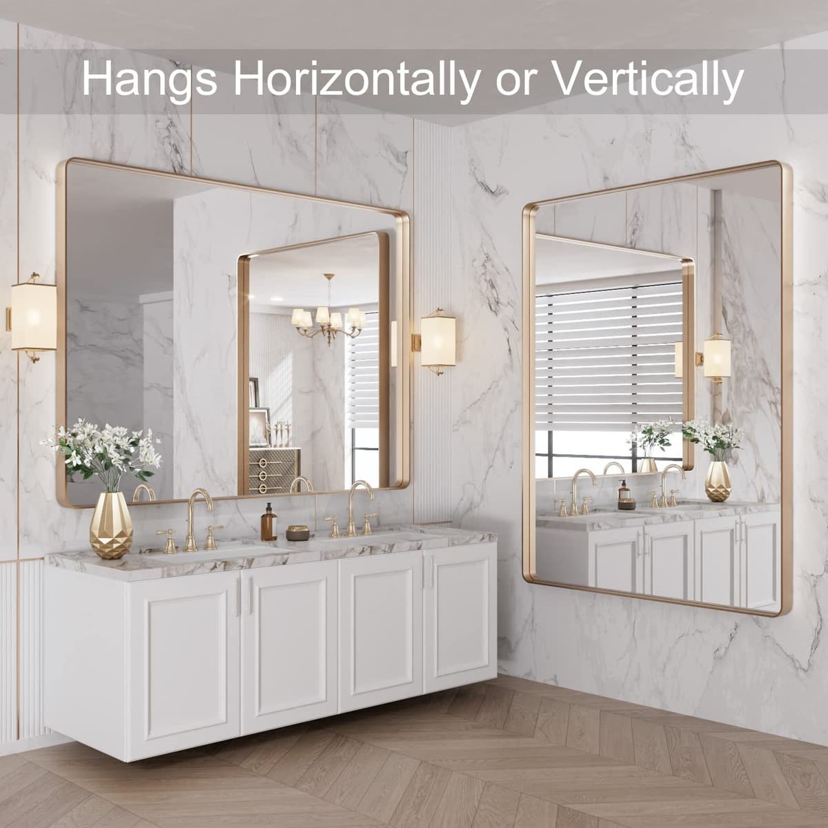LOAAO 48”X36” Gold Bathroom Mirror, Rounded Rectangle Gold Frame Mirror, Brushed Gold Bathroom Vanity Mirror Wall-Mounted, Anti-Rust, Tempered Glass, Hangs Horizontally or Vertically — view 8