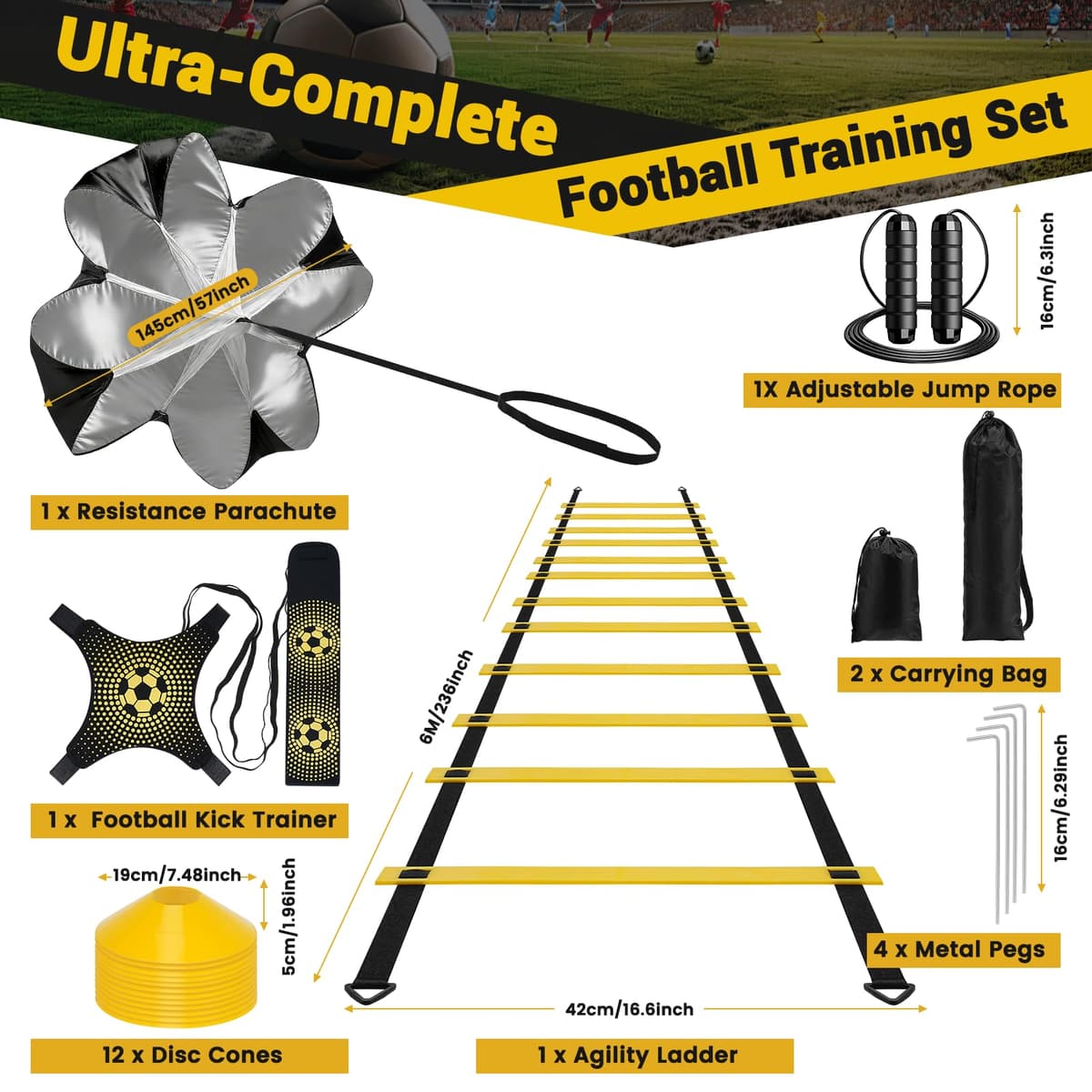 Kit Entrenamiento Futbol Juego Escalera de Agilidad 6 m 12 Peldaños con 12 Conos, 4 Estacas, Paracaídas en Marcha, Fútbol Kick Throw Trainer para Niños y Adulto para Entrenamiento — view 2