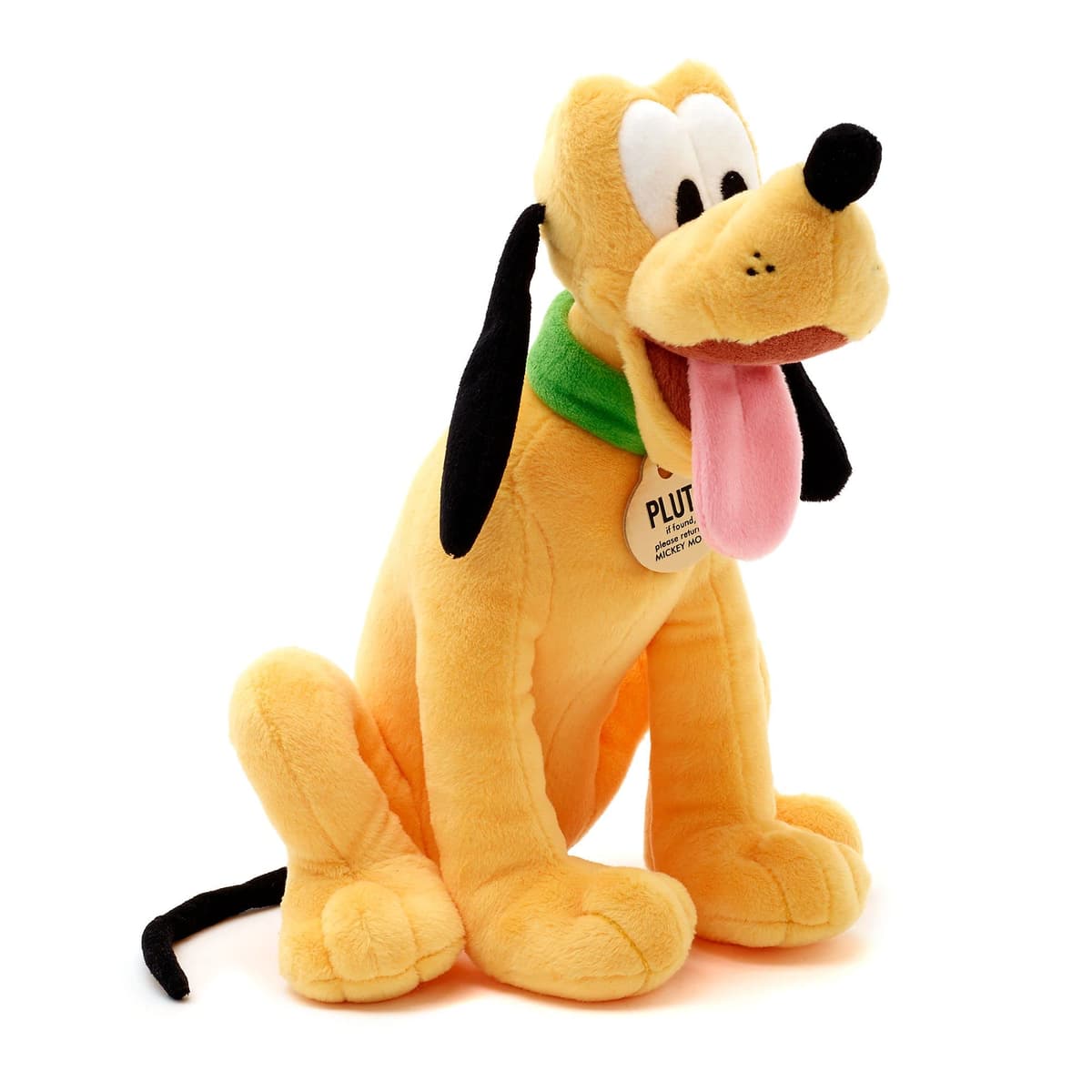 Disney Store Peluche pequeño de Pluto, Altura: 25 cm, el emblemático Pluto de Peluche Presenta su Aspecto característico y Lleva un Collar con un Texto, Adecuado para Todas Las Edades.