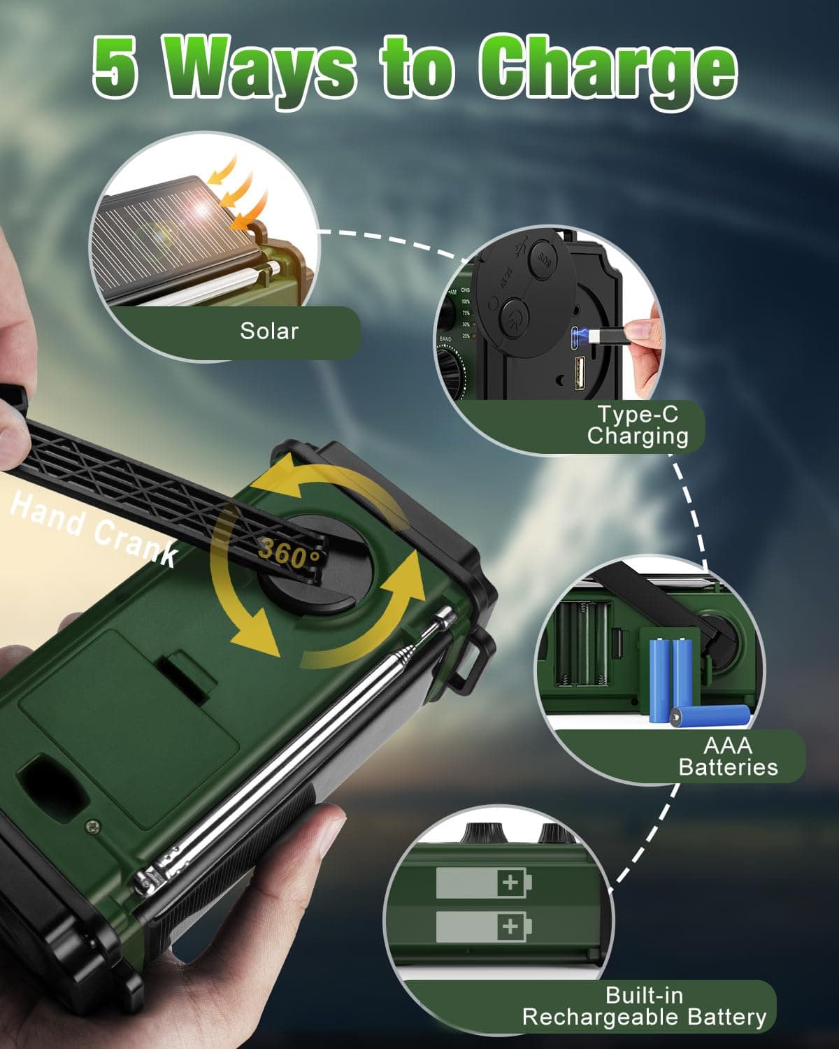 10000mAh/37000mWh Wind Up Solar Radio, AM/FM Hand Crank Emergency Weather Radio, 4 Charging Methods, Polymer Battery, Flashlight & Reading Lamp, SOS Alarm, Phone Charger for Emergency, Green — view 3