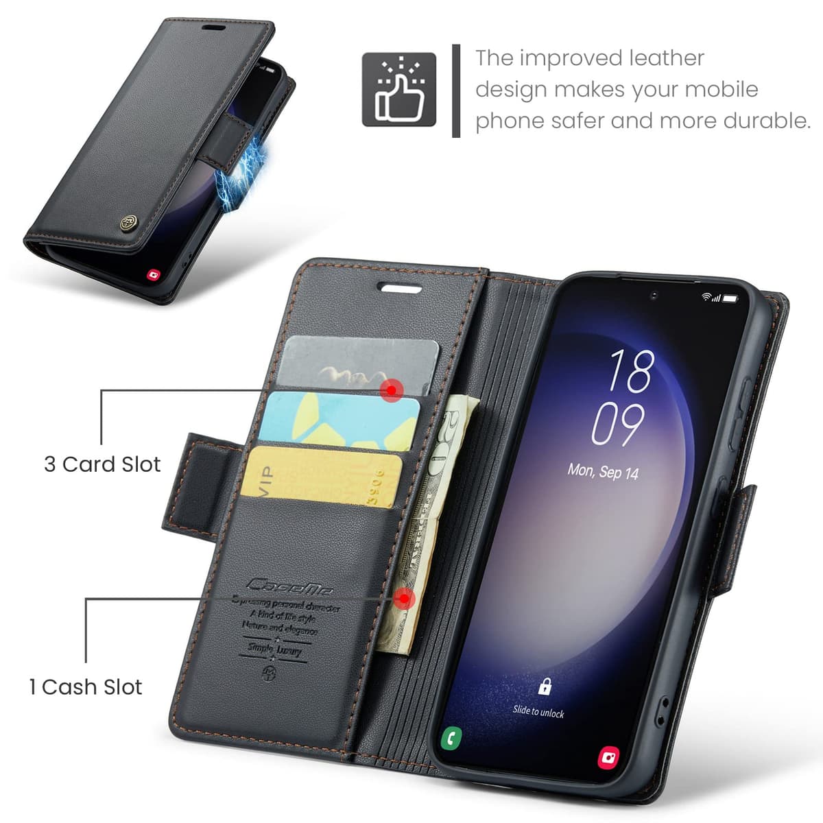 Case for Samsung Galaxy S23 Wallet Case, RFID Blocking PU Leather Flip Folio Cover Card Holder Kickstand Shockproof Phone Case Compatible with Samsung Galaxy S23, Black — view 3