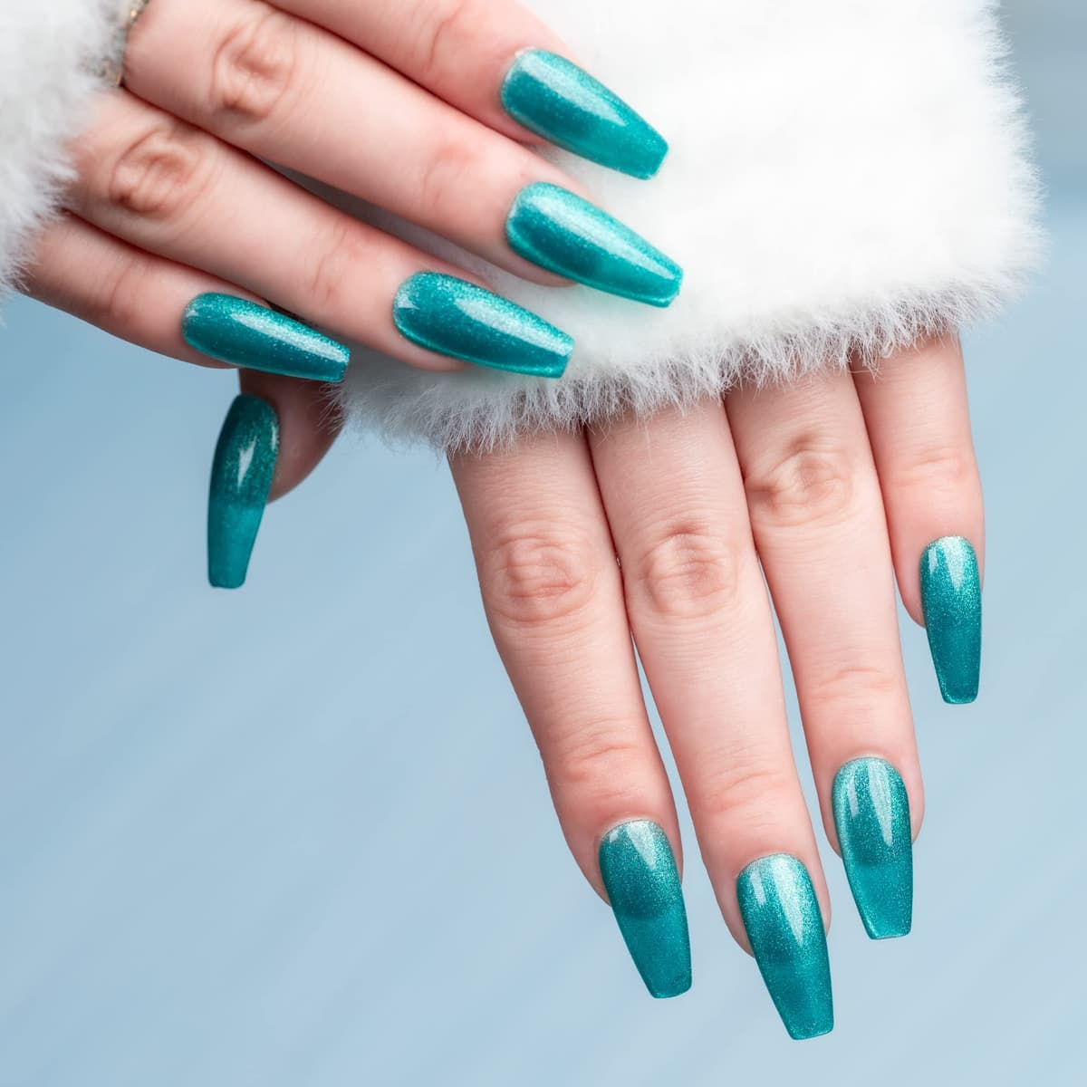Sun&Beam Nails Handmade Press-On Medium Long Coffin Ballerina with Nile Blue Cat Eye Design Charm Cute False Nail Tips 10 Pcs (#84 L) — view 3
