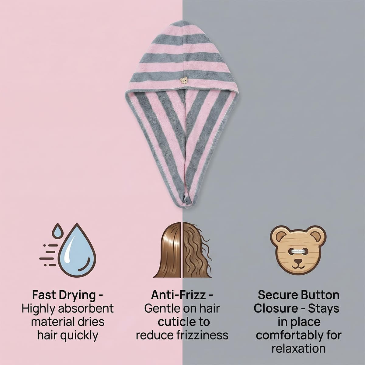 Toalla turbante suave para el cabello, toalla de secado de pelo, botón para absorber el cabello de secado rápido, turbante de microfibra para el cabello largo y rizado para mujer (gris y rosa) — view 4
