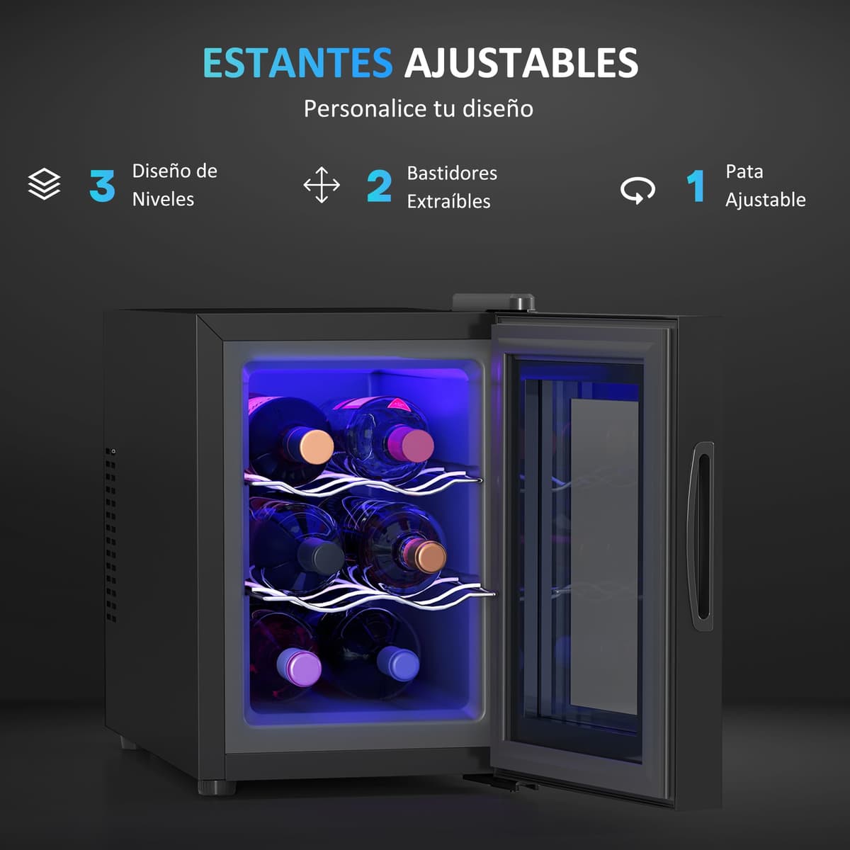 HOMCOM Vinoteca 6 Botellas, Nevera para Vinos con Doble Refrigeración Termoeléctrica, Temperatura Ajustable 8-18℃, Puerta de Vidrio, Anti-UV, Pantalla LED, Luz Interior, Negro — view 5