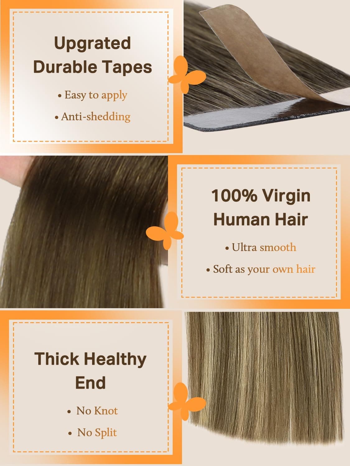 DOORES Human Hair Extensions Tape in, Balayage Walnut Brown to Ash Brown and Bleach Blonde, 18 Inch 20pcs 50g, Tape in Hair Extensions Silky Straight Soft Weft — view 3