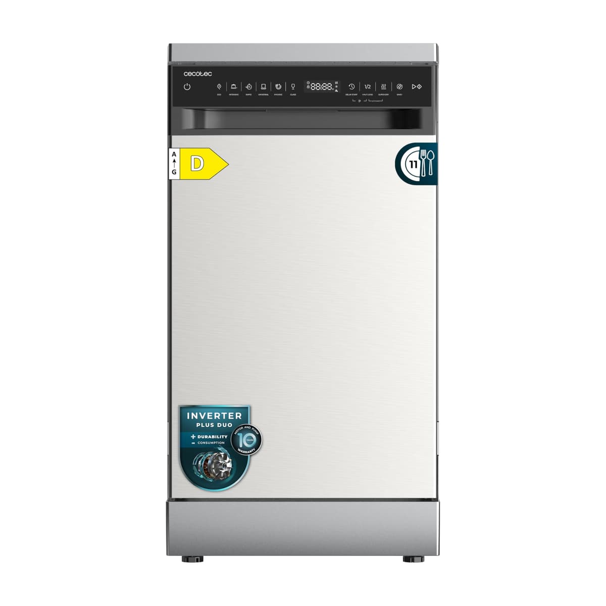 Cecotec Lavavajillas 45 cm Libre Instalación Bolero Aguazero 4360 Inox. 11 Cubiertos, 9 Programas, Motor Inverter Plus Duo, Panel Touch, Super Dry, Save+, AutoClean, Delay Start, Inox