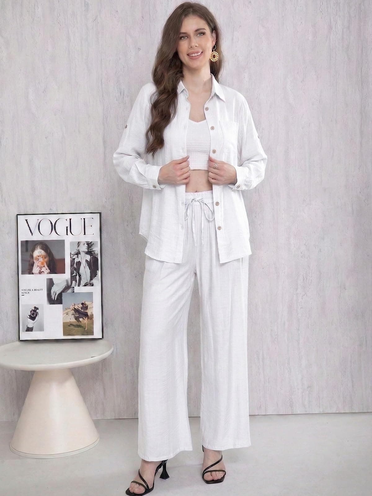 Adigaber Chándal de Manga Larga para Mujer Camisa con Botones y Holgado Cintura Alta Pierna Ancha Cordón Pantalones con Bolsillos — view 2